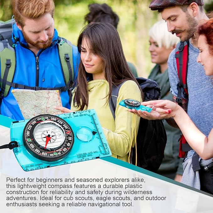 Multipurpose Outdoor Compass for Hiking, Scouting, Camping, and Navigation - Liquid-Filled, Transparent Base with Measuring Scales, Durable and Compact