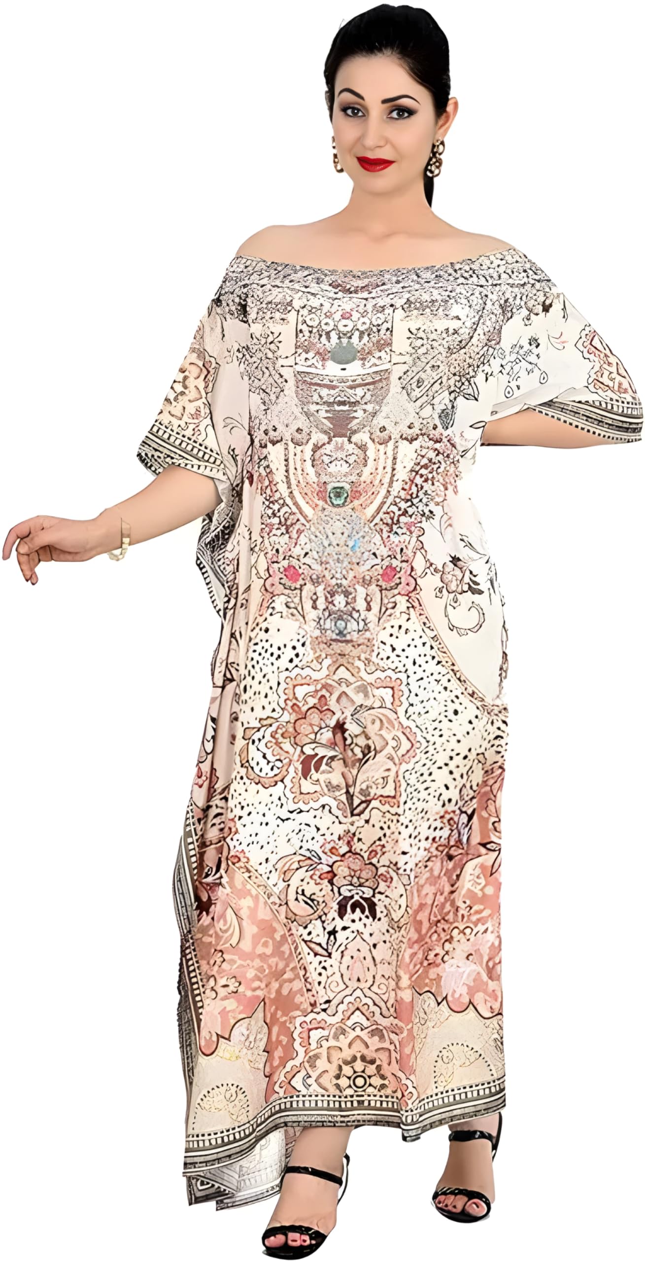 ANJANIYA Kimono Maxi Dress Floral Long Kaftan Plus Size Caftan Gown Nightdress Kimono Women (Beige)