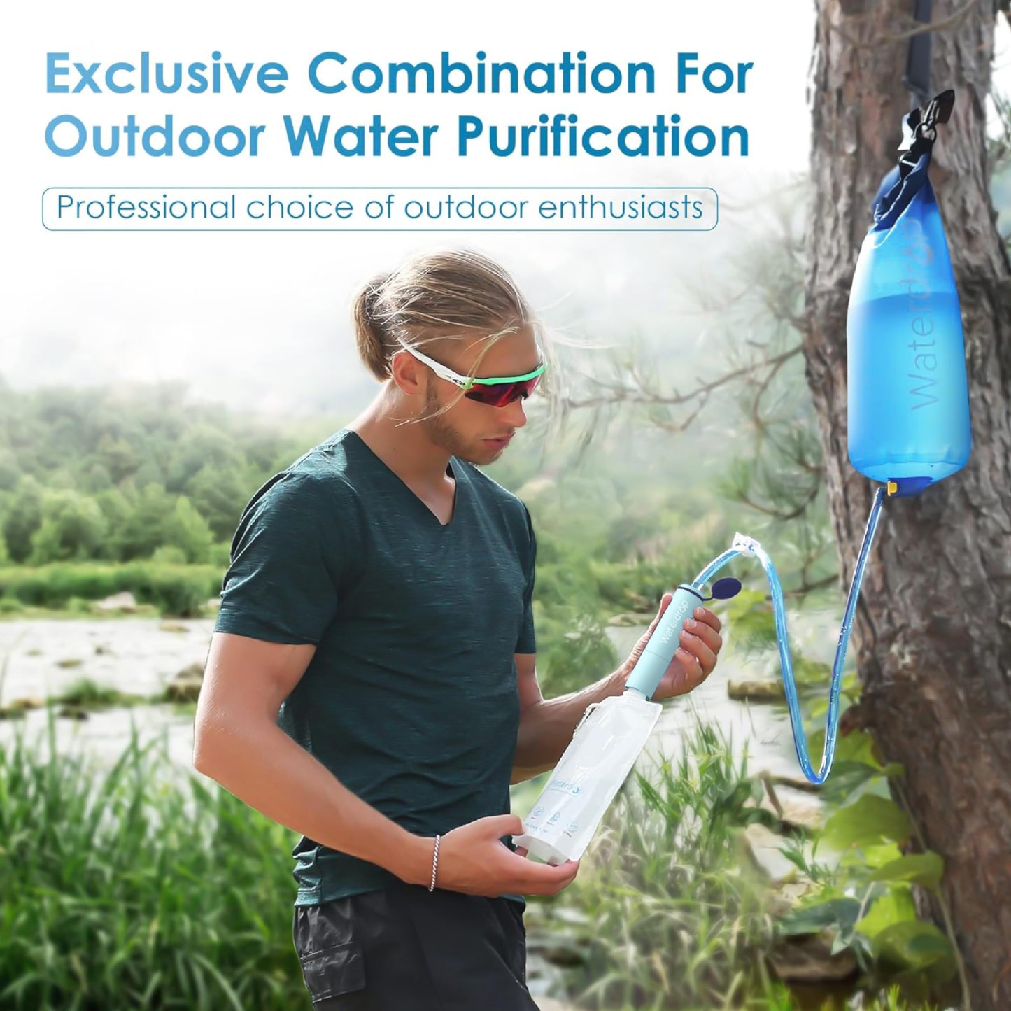 Waterdrop Gravity Water Filter Straw, Camping Water Filtration System, Water Purifier Survival for Travel, Backpacking and Emergency Preparedness, 1.5 gal Bag, 0.1 Micron, Light Blue
