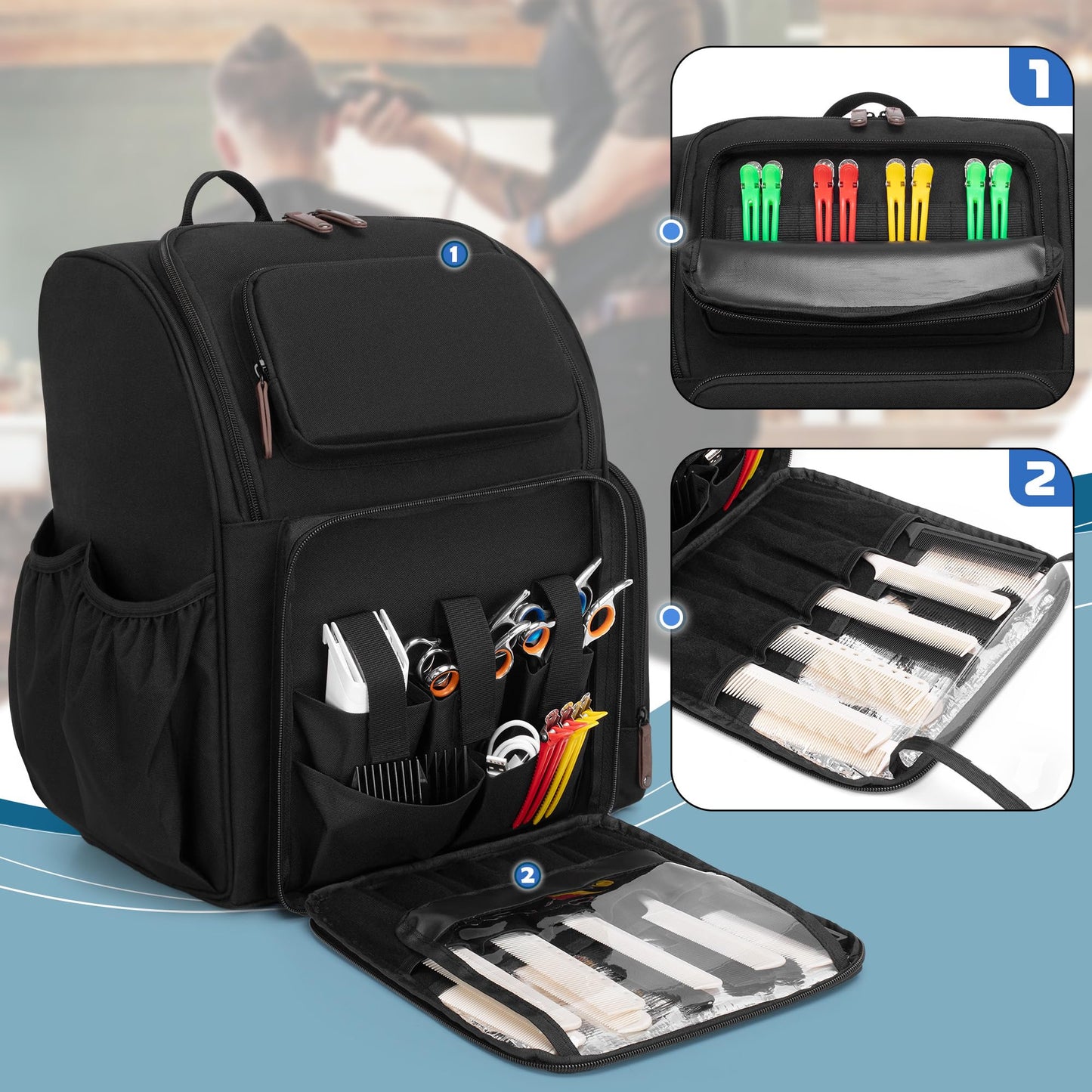 BAFASO Large Capacity Insulated Barber Case with a Semi Detachable Divider and 2 Removable Pouches, Hairstylist Traveling Bag with Multiple Pockets Holds Barber Styling Tools, Black