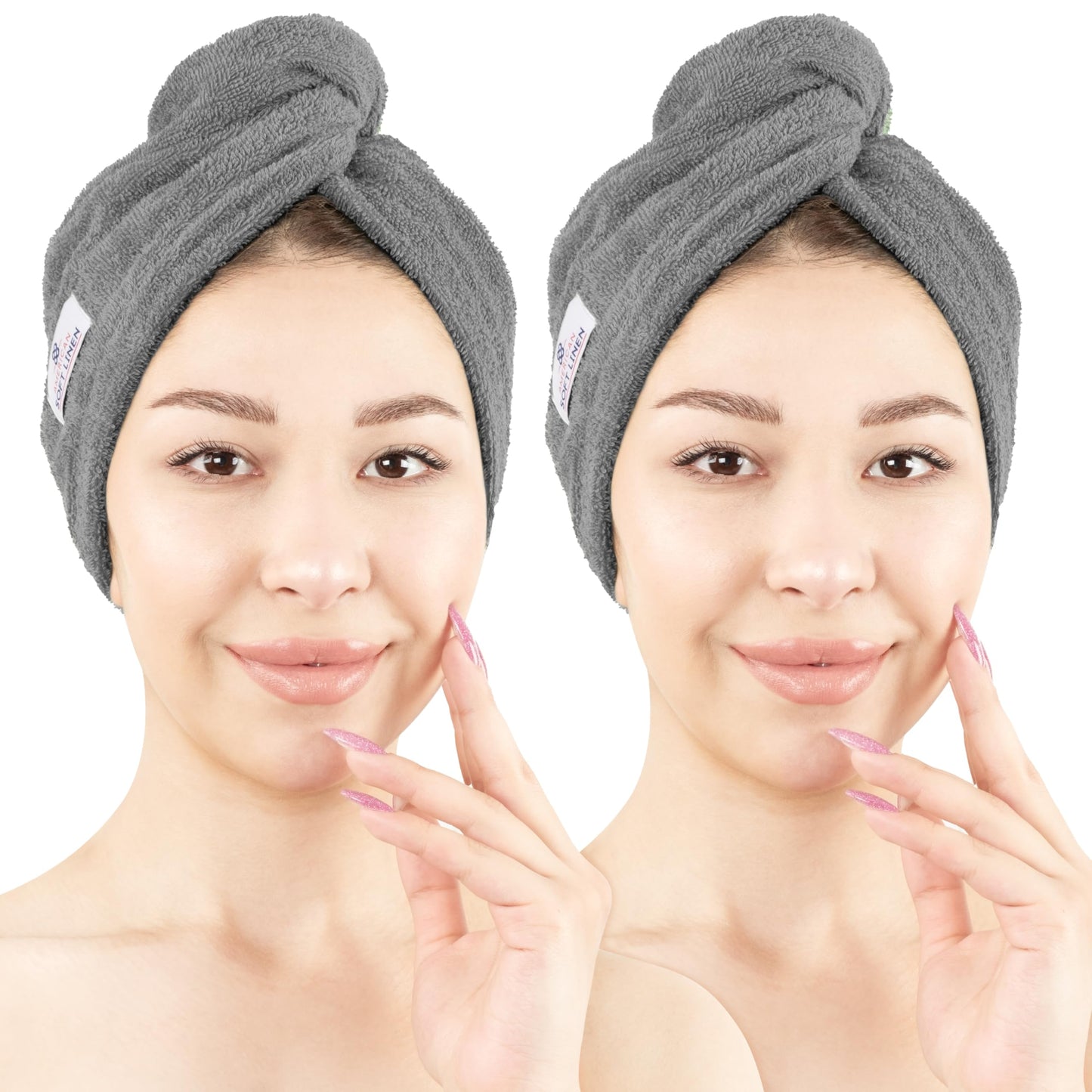 American Soft Linen 100% Cotton Hair Towels for Women, Head Towel Cap, Cotton Hair Turban Towel Wrap for Long Curly Anti Frizz Hair, Soft and Absorbent Cotton Hair Towels 2 Pack, Dark Gray