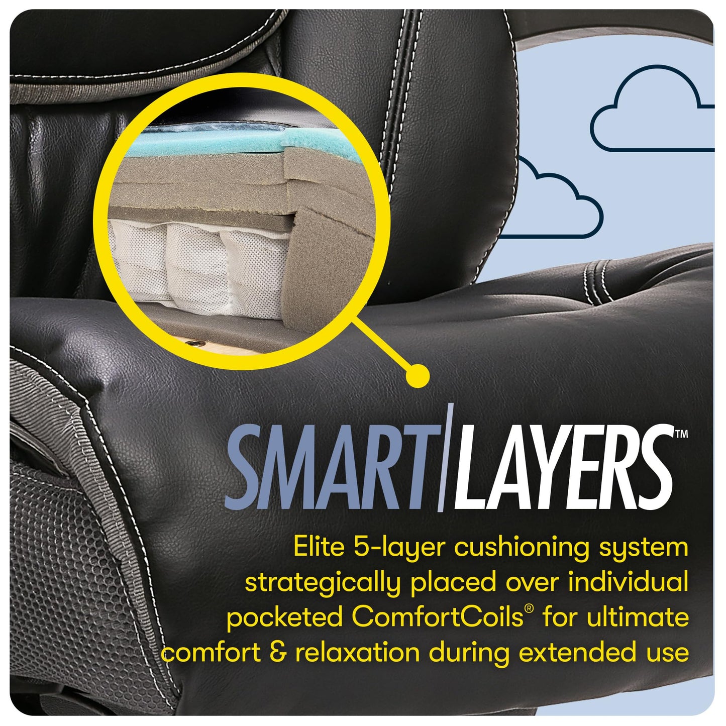 Serta Baxter Big and Tall Smart Layers Executive Office Chair with ComfortCoils, Ergonomic Computer Chair with Layered Body Pillows, Black & Gray Bonded Leather