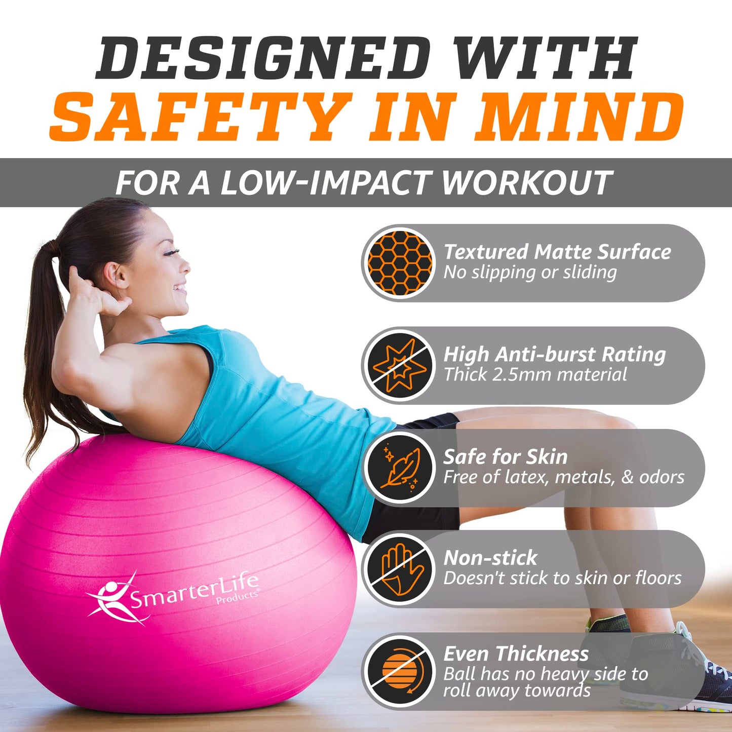 SmarterLife Workout Exercise Ball for Fitness, Yoga, Balance, Stability, or Birthing, Great as Yoga Ball Chair for Office or Exercise Gym Equipment for Home, Non-Slip Design (45 cm, Fuchsia)