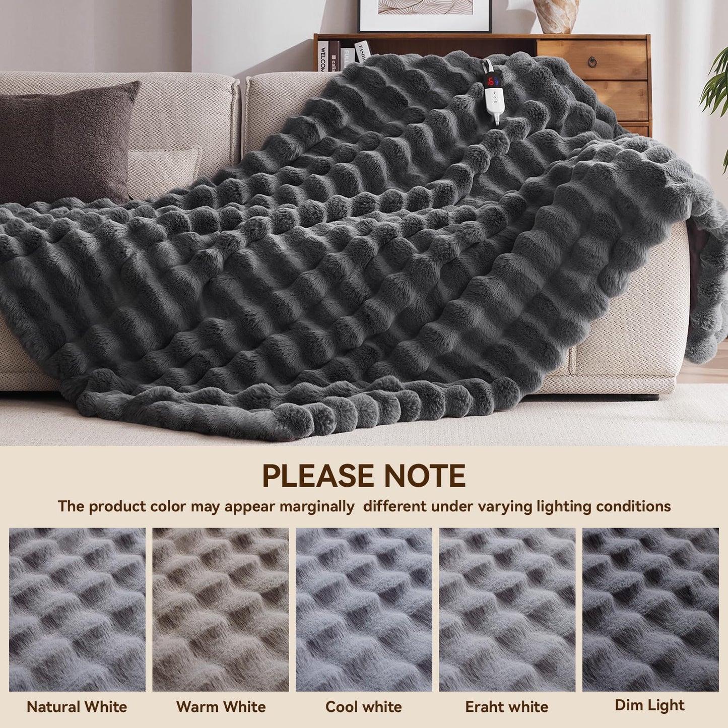 Anysay Heated Blanket Throw with 6 Hours Auto-Off 10 Heat Level, 62'' * 84'' Cozy Faux Rabbit Fur Bubble Electric Throw with Overheat Protection, Soft Fast Heating Blanket with ETL (Dark Grey)