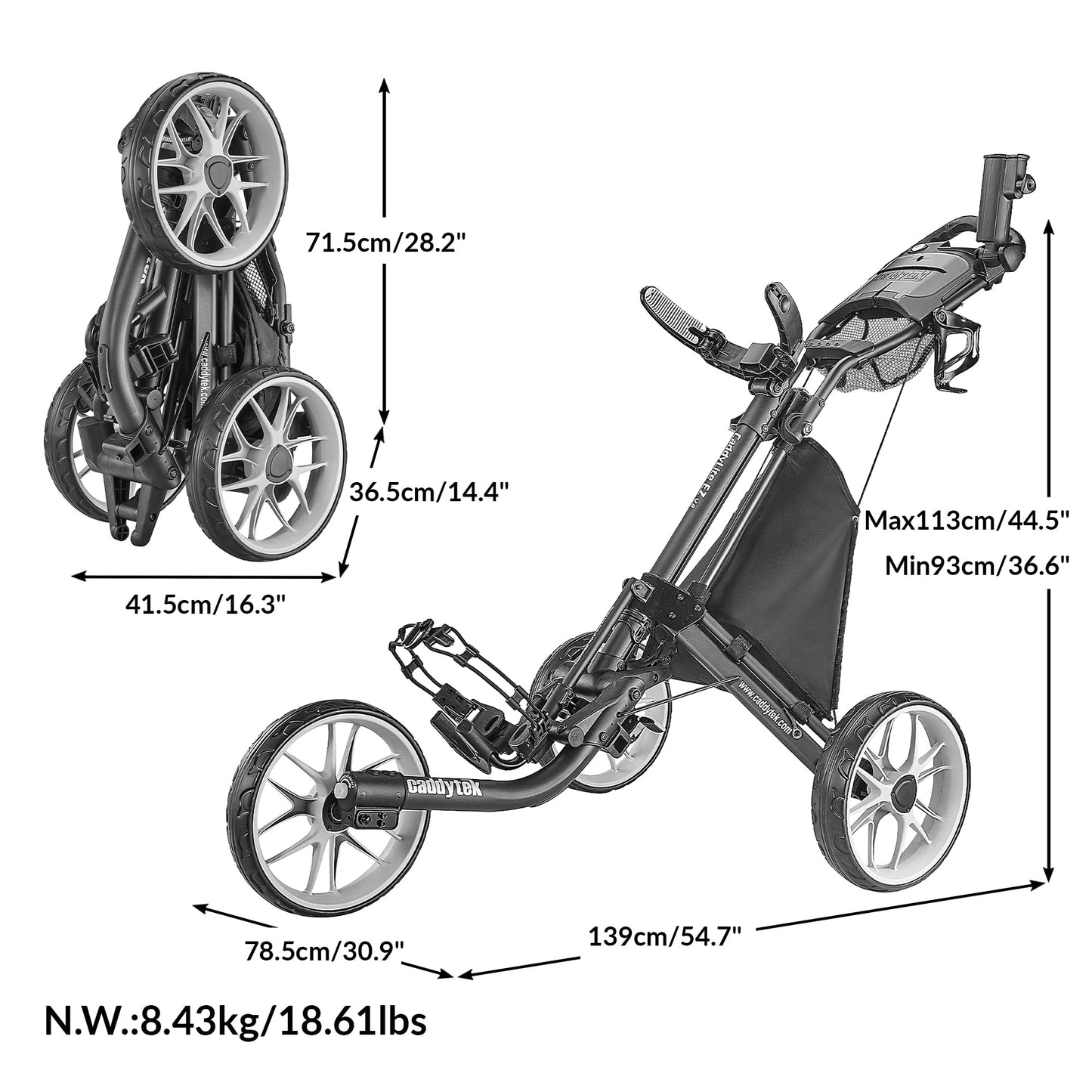 Caddytek CaddyLite EZ Fold V8 Golf Push Cart – Lightweight 3-Wheel Collapsible Trolley with Folding Button, Cooler Basket, Umbrella & Phone Holder, Magnetic Pad, Bag Straps