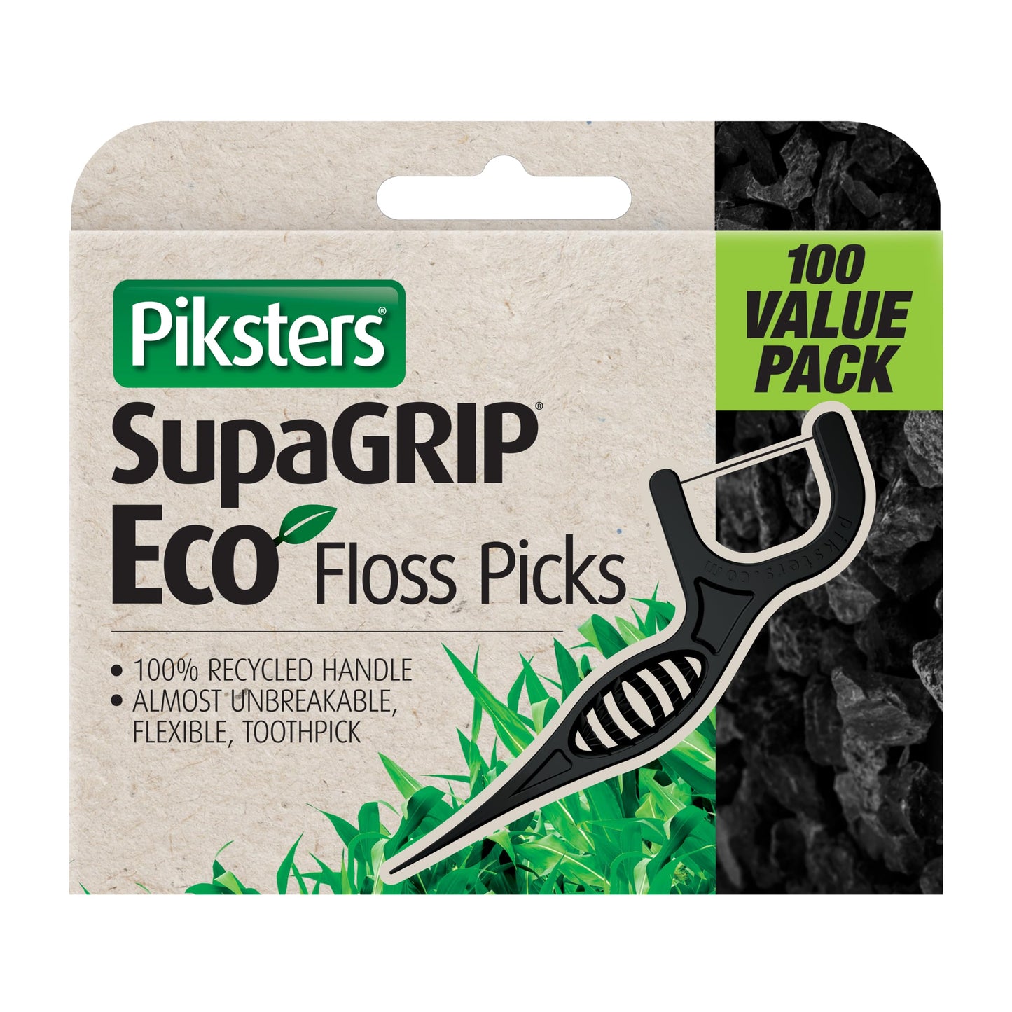 Piksters SupaGRIP Eco Floss Picks 100 Count Value Pack - 100% Recycled Easy Grip Handle, 2 in 1 Dental Picks for Teeth Cleaning and Gum Health, Nearly Unbreakable