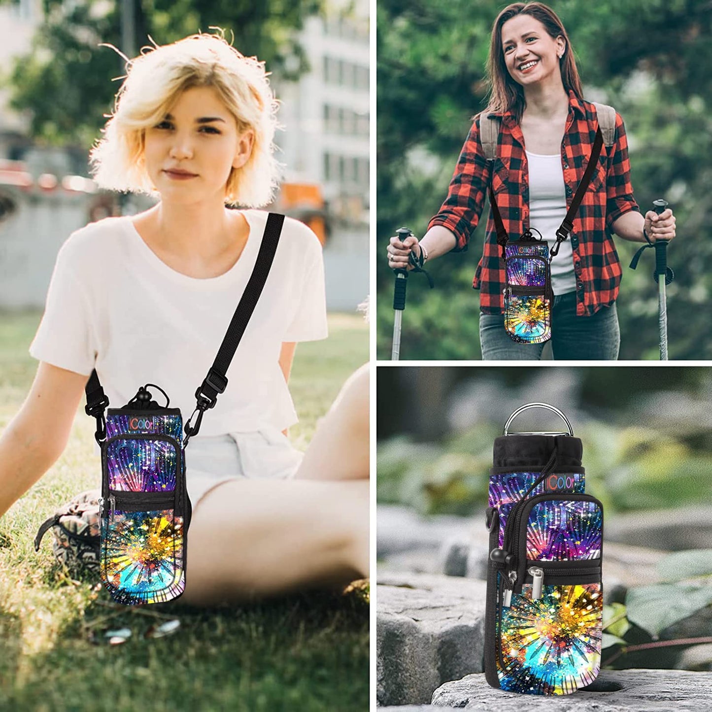 icolor Water Bottle Carrier Bag Holder 25/32/40/64oz,Adjustable Padded Shoulder & Handle Strap Sports Sling Hiking Pack,Insulated Neoprene Wide Mouth Bottle Sleeve