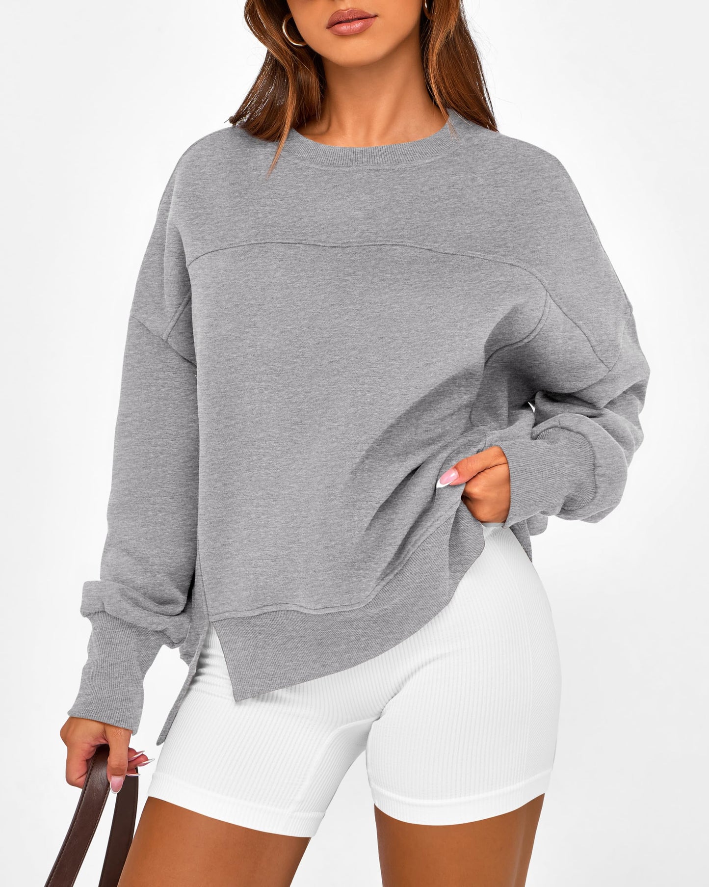BTFBM Women's Casual Crewneck Sweatshirts 2024 Fall Winter Clothes Long Sleeve Side Slit Workout Fleece Pullover Tops(Grey, Medium)