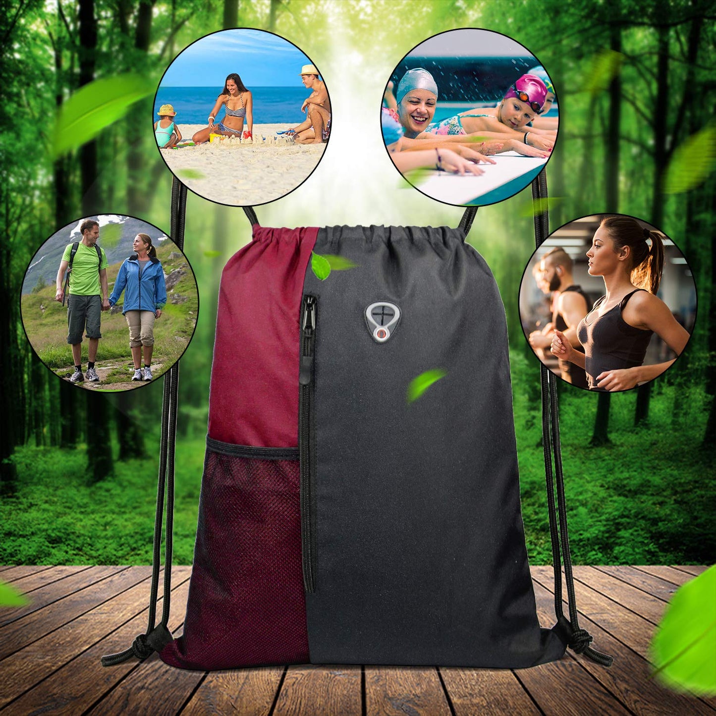 BeeGreen Maroon Drawstring Backpack Sports Gym Bag for Women Men Large String Backpack With Zipper and Water Bottle Mesh Pockets Cinch Sack Workout Bag, 16" x 20"