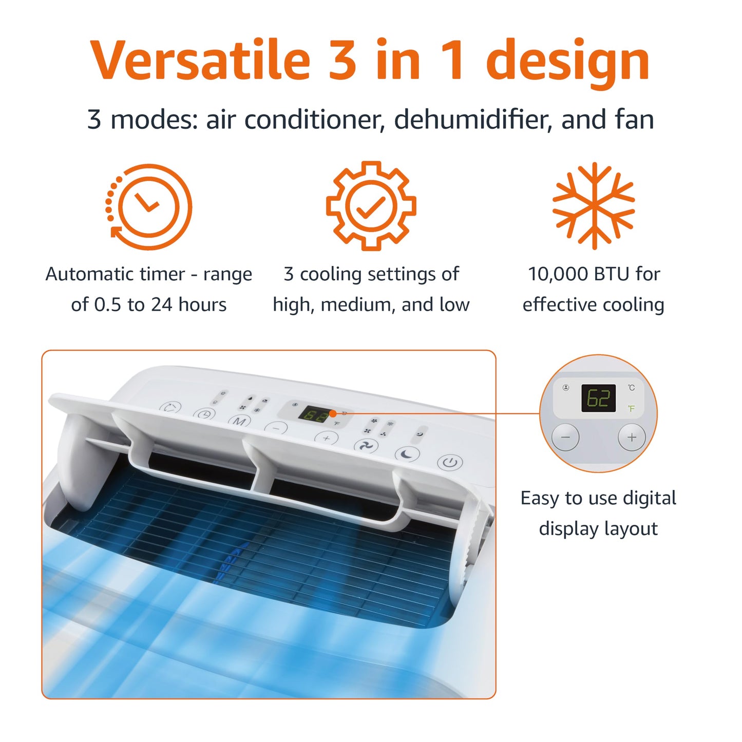Amazon Basics 3-In-1 Portable Air Conditioner, 10,000 BTU (ASHRAE), Cools Up to 450 Sqf, Portable AC with Cool/Dry (Dehumidifier)/Fan-Only Functions, Auto Mode, Sleep Mode, Timer, White