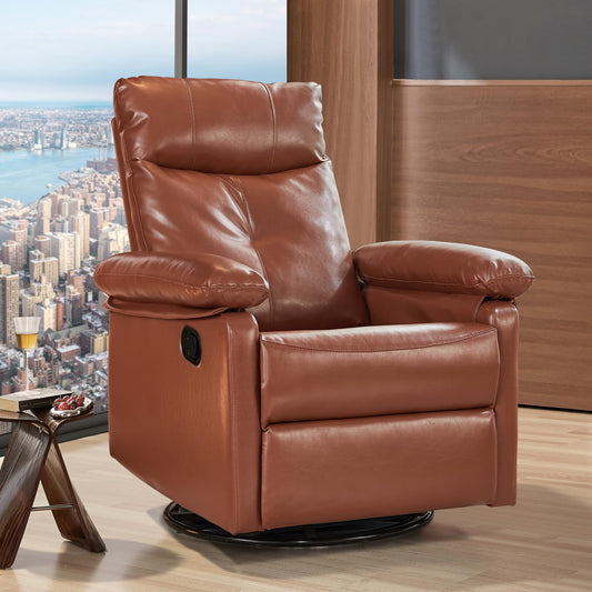 Rocking Recliner with 360° Swivel, Stress Relief Rocker Glider Reclining with Lumbar Support, Adjustable Backrest and Footrest for Nursery Living Room Bedroom Small Spcaes, Faux Leather (Mocha)