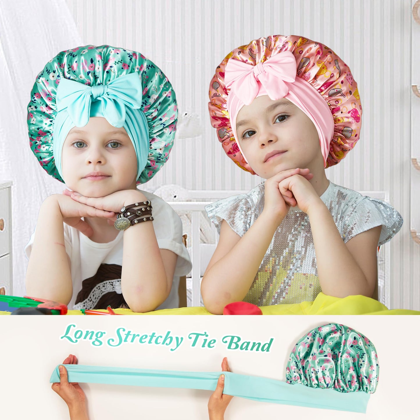 choshion 2 PCS Kids Bonnets for Girls, Silk Bonnet for Kids, Satin Silk Hair Bonnet for Sleeping with Tie Band, Baby Toddler Teens Child Sleep Cap for Curly Hair Braids