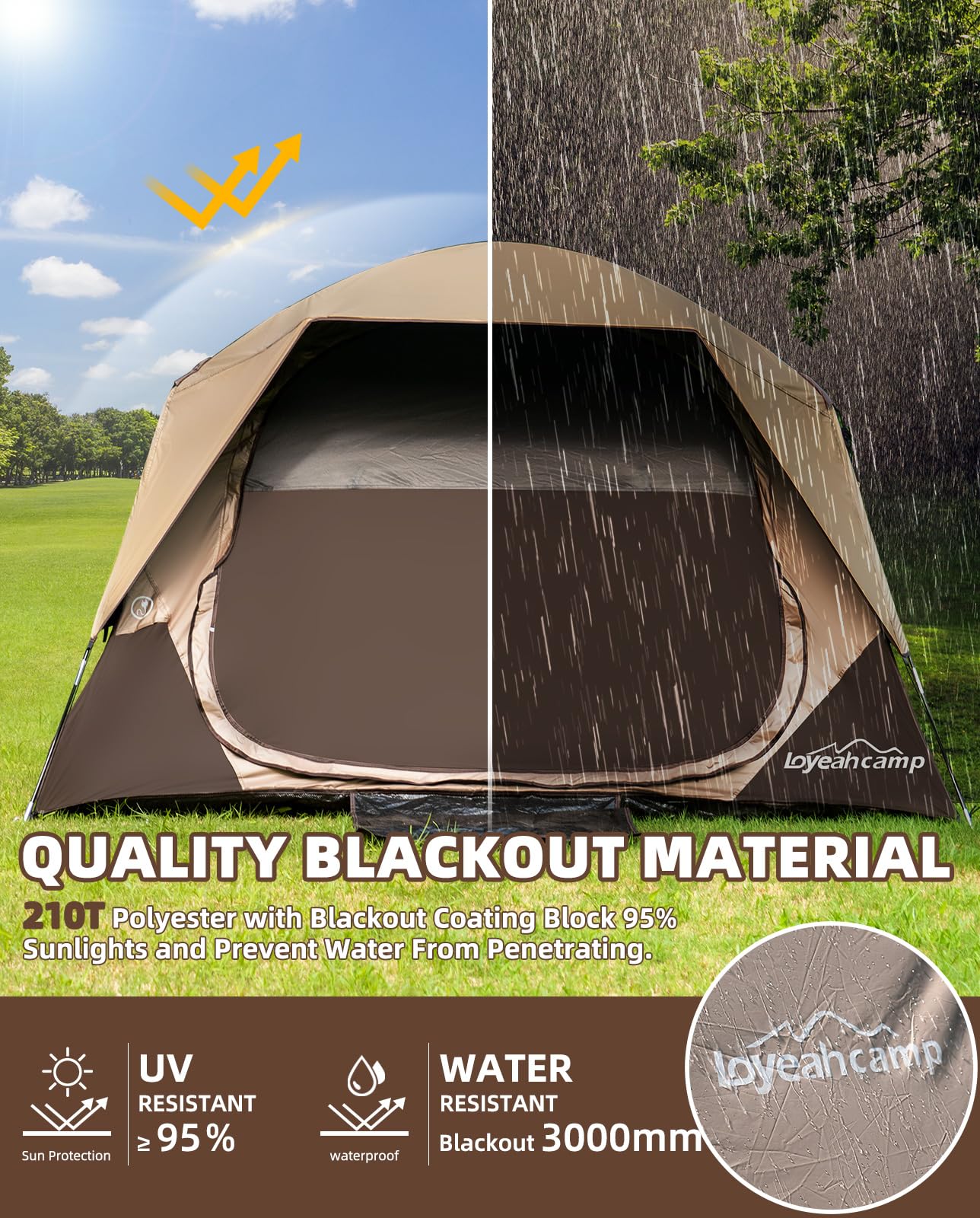 LOYEAHCAMP 4 Person Blackout Camping Tent, Easy Setup Waterproof Family Dome Tent for Camping with Rainfly, Portable Double Layer Large Family Tent for Outdoor Camping&Hiking