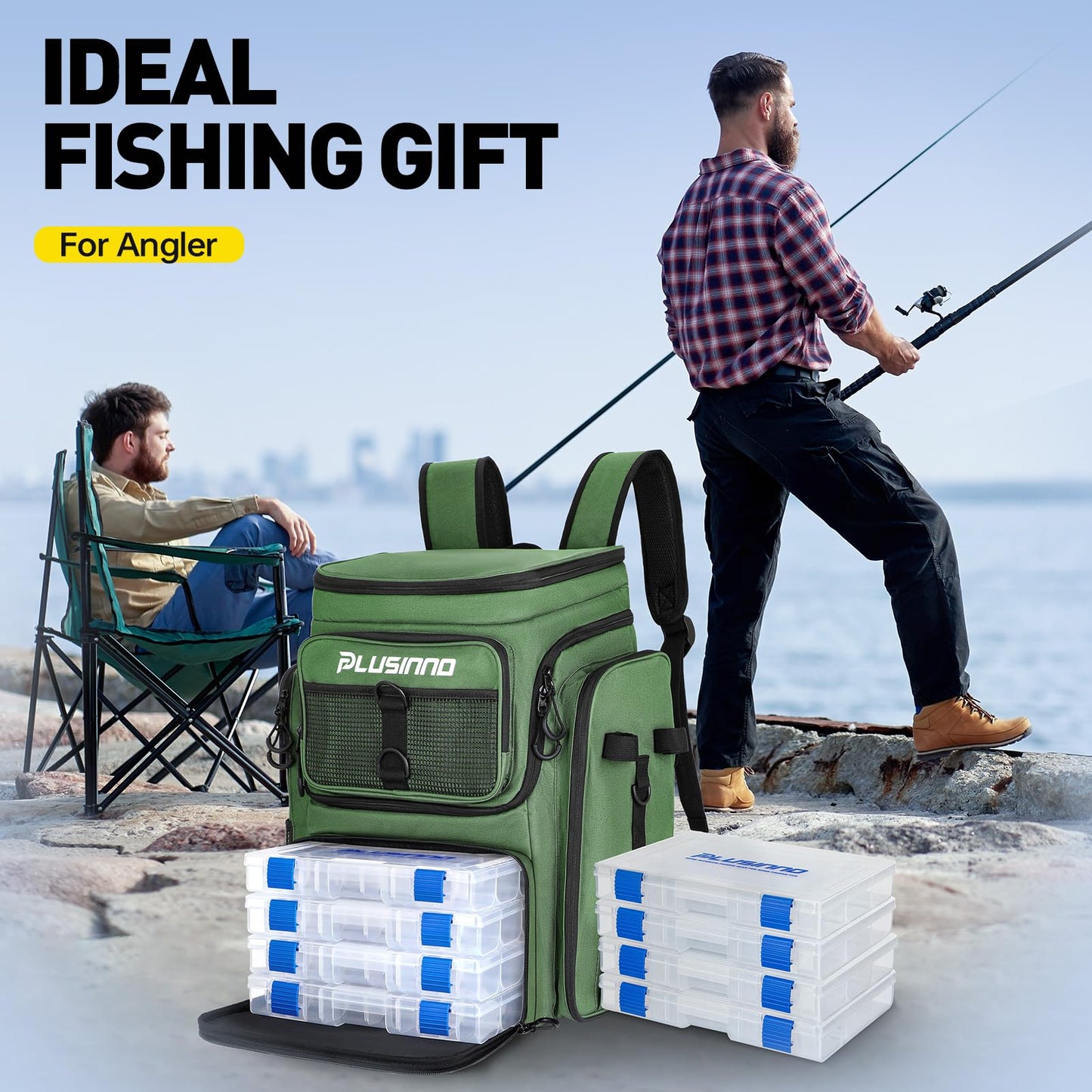 PLUSINNO Fishing Backpack with Rod Holders, 42L Water-resistant Fishing Tackle Bag With 4 Tackle Boxes,Fishing Gear For Camping, Hiking, Fishing Gifts for Men Green