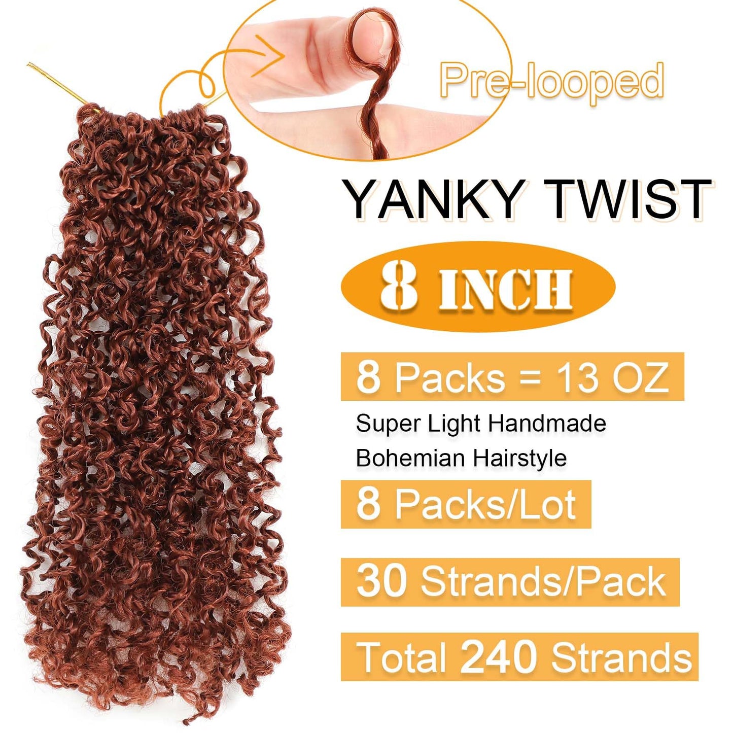 Aksice 8 Packs Yanky Twist Crochet Hair 8 Inch Pre-Twisted Passion Twist Spring Twist Hair with Curly Ends Pre-looped Crochet Braids Hair Extensions for Women (350#)