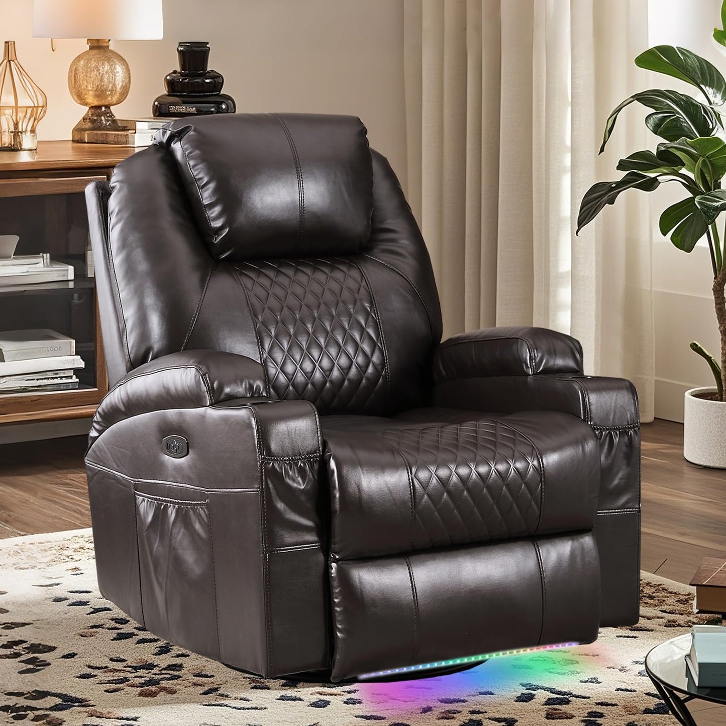 IBTKIG Power Swivel Rocker Recliner Chair with Massage and Heat/LED Lights/USB and Type-C Ports/Infinite Position/Cup Holder, Electric Glider Reclining Sofa for Nursery Living Room(2, Brown)