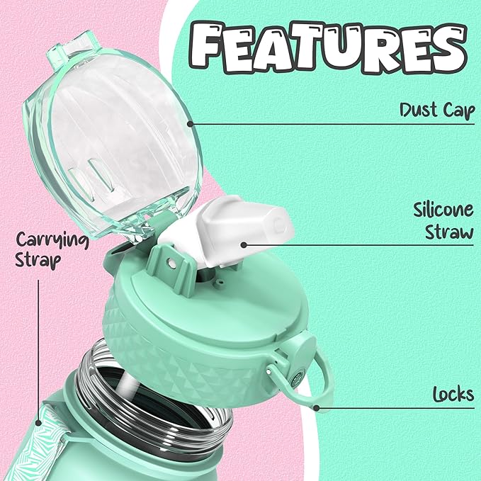 OLDLEY Kids Water Bottle for School, 17 oz (Straw Lid) BPA-Free Reusable Leak-proof Durable Tritan Plastic Water Bottles with One-handed Opening Straw Lids, Anti-dust Spout Cover (Mintpink)