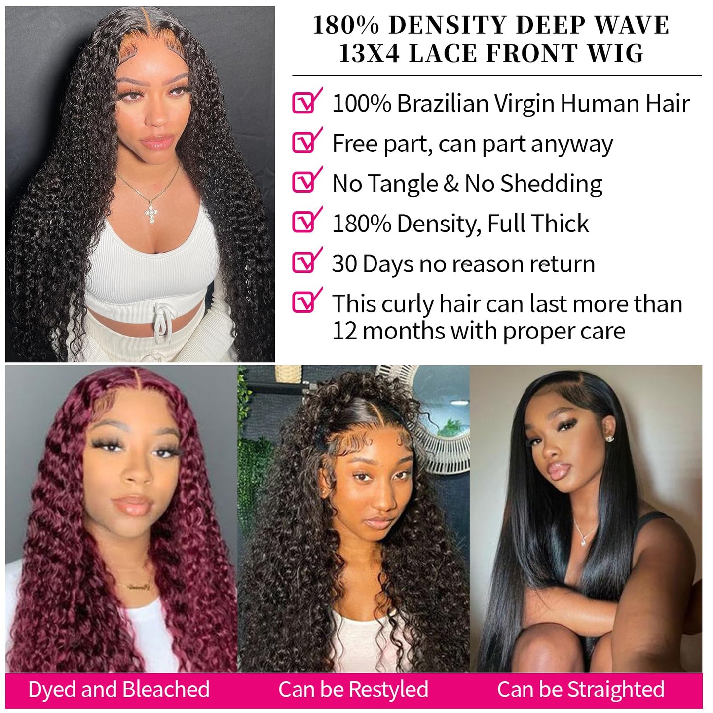 Anderah Deep Wave Lace Front Wig Human Hair 13x4 Curly Lace Frontal Wigs Human Hair for Black Women Pre Plucked with Baby Hair 180% Density Glueless Human Hair Wigs Natural Black (24 Inch)