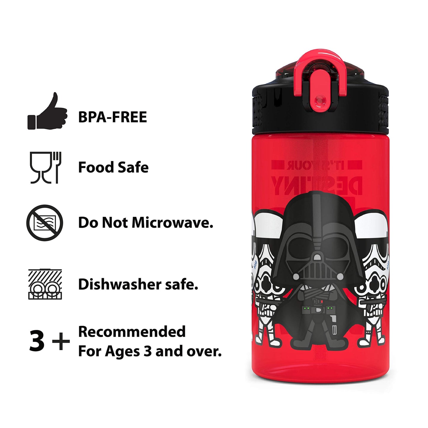 Zak Designs PP Park Straw Kids Durable Plastic Spout Cover and Built-in Carrying Loop, Leak-Proof Water Design for Travel, (16oz, 2pc Set), 2 Count (Pack of 1), Darth Vader Bottle 2pk