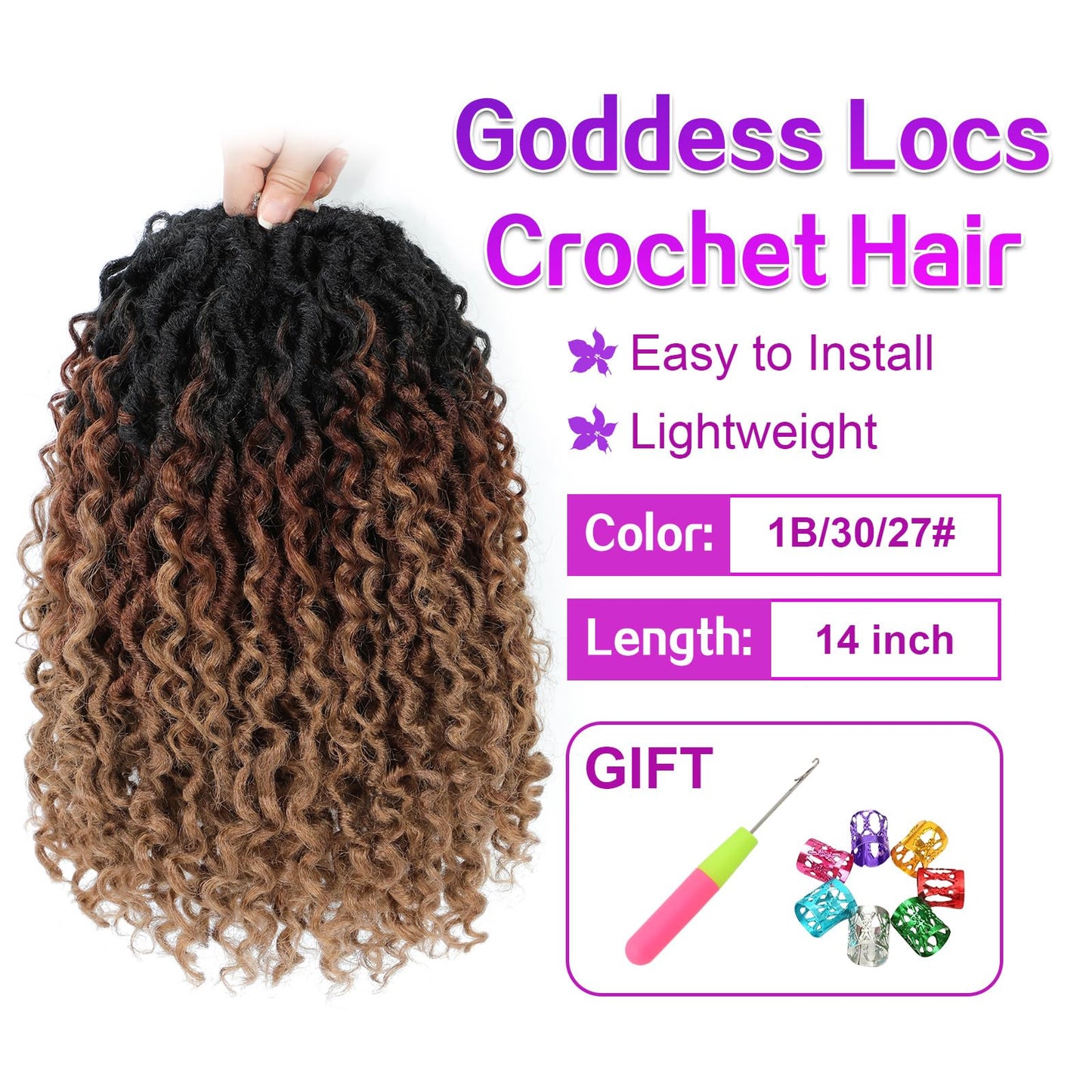 AMELI Goddess Locs Crochet Hair 14Inch Pre Looped Faux Locs Crochet Hair with Curly Ends 8Packs Bohemian Crochet Braids Hair for Black Women1B/30/27