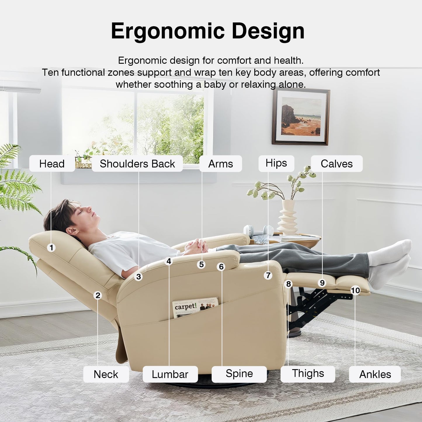 AIRSKY Genuine Leather Recliner Chair, Swivel and Rocking, Italian Water-Washing Process, Nursery Glider Recliner, Glider Rocking Chair, Nursery Chair, Swivel Rocker Recliner, R2, Beige