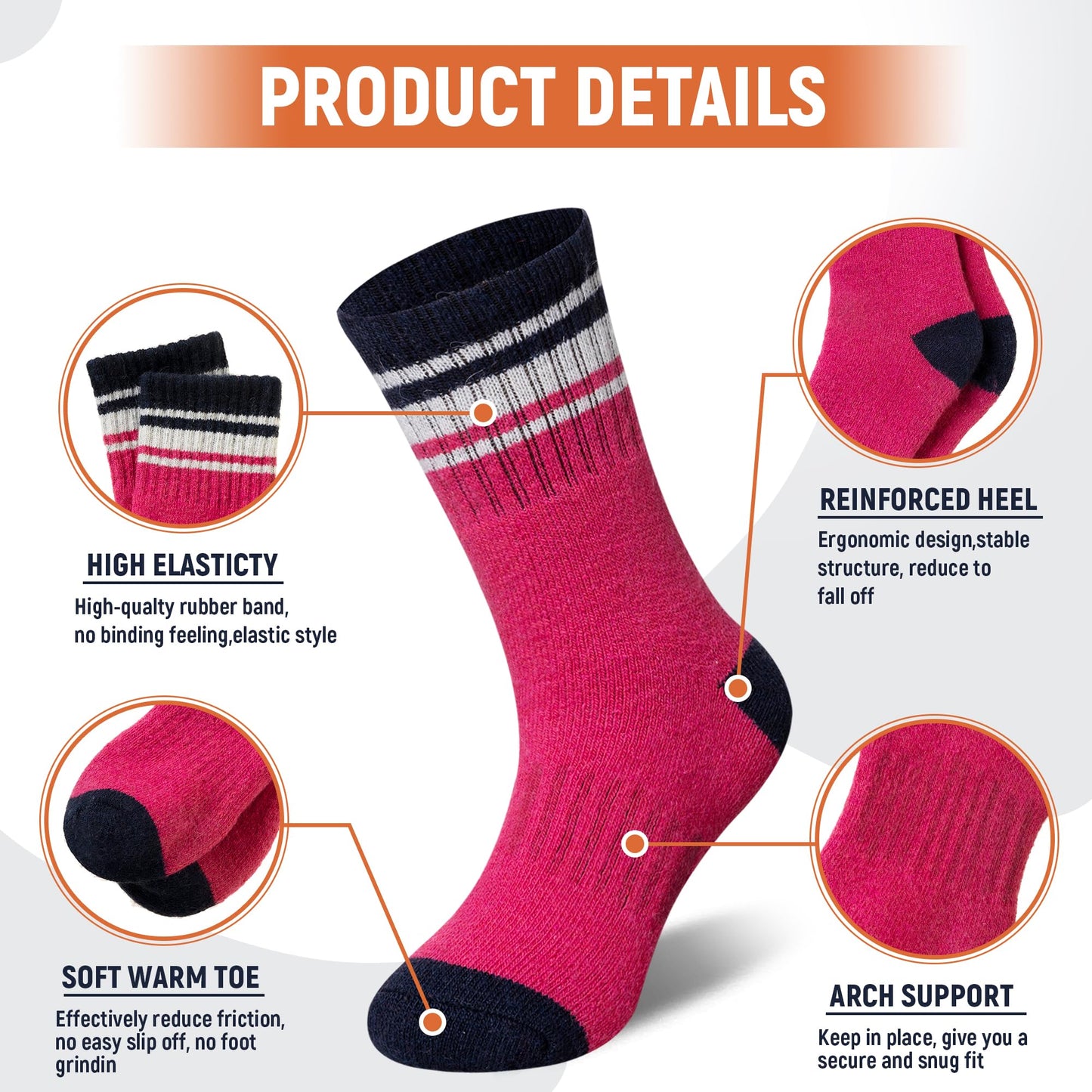 AMENLAN Kids Merino Wool Hiking Socks Boy Girls Winter Thick Boot Cushion Warm Thermal Crew Socks 6 Pairs (Purple Stripes,4-7 Years)