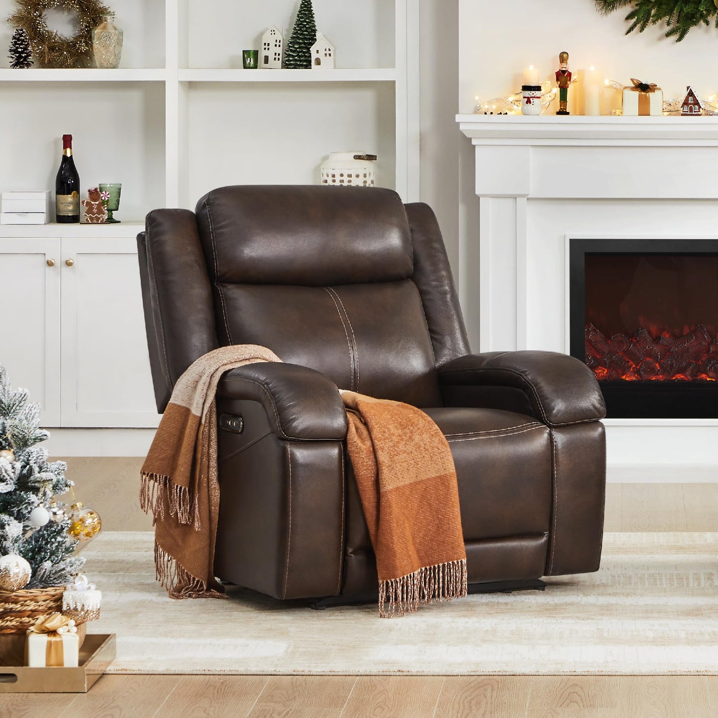 Watson & Whitely Genuine Leather Power Recliner Chairs for Adults, Wall Hugger RV Recliner with Power Headrest & Charging Ports, Electric Recliner Sofa Chair for Living Room, Dark Brown