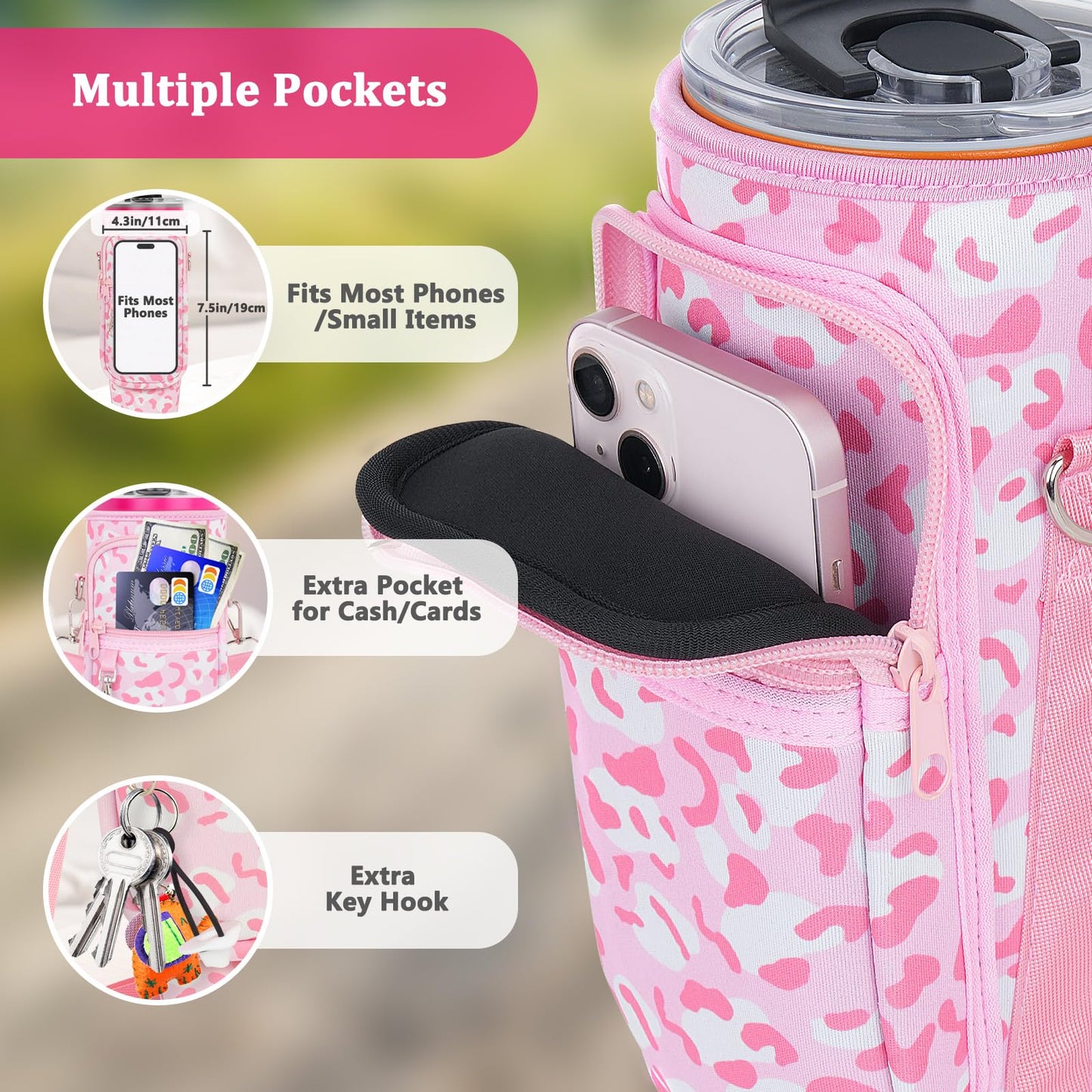 Water Bottle Carrier Bag with Phone Pocket and 2 Straw Covers Compatible with Stanley/Meoky/BrüMate 40 oz Tumbler with Handle,Water Bottle Holder with Adjustable Strap Fits for Stanley Cup Accessories
