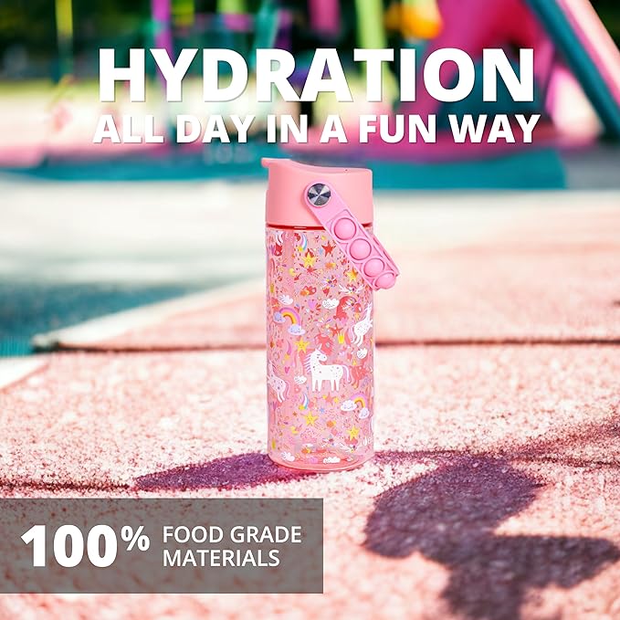 Elemental Leak Proof Water Bottles for Kids - Splash Kids Water Bottle for School with Fun Fidget Pop-it Handle - BPA Free Tritan Plastic Reusable Water Bottle with Straw - Pink Unicorn - 18oz