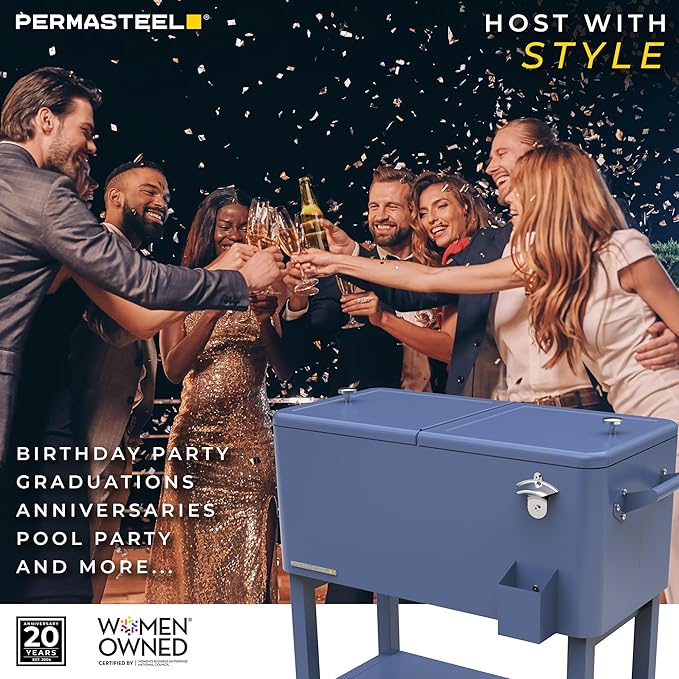 Permasteel Party Cooler with Removable Basin, Spacious 80-Qt Capacity, Rolling Ice Chest for Indoor and Outdoor Entertainment Azure + Bonus Cover