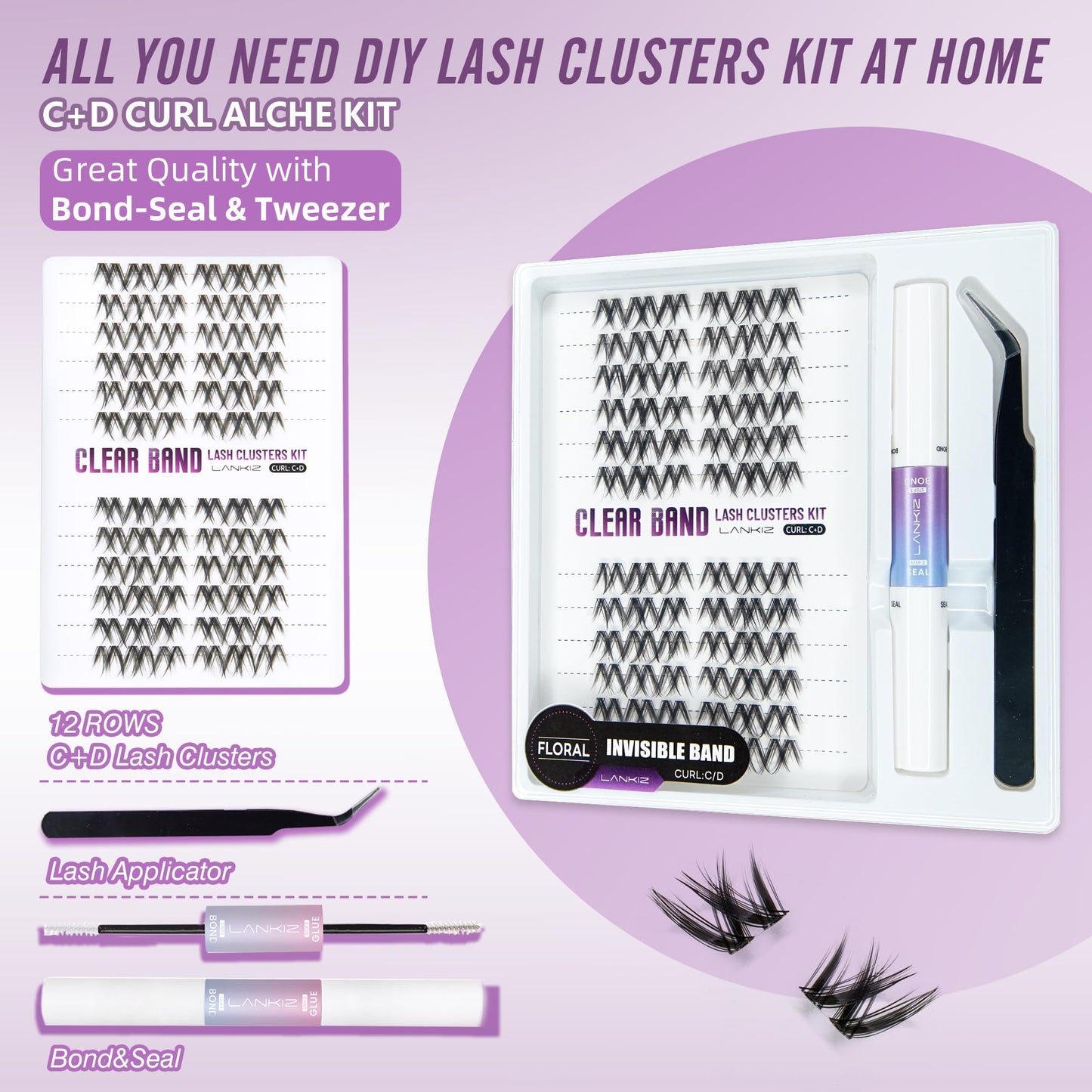 Lash Clusters Kit – LANKIZ Wispy & Fluffy Natural Eyelash Extensions, Invisible Band Individual Lashes Clusters, C+D Curl DIY Lash Extension Kit with Bond & Seal Glue for Beginners (Floral)