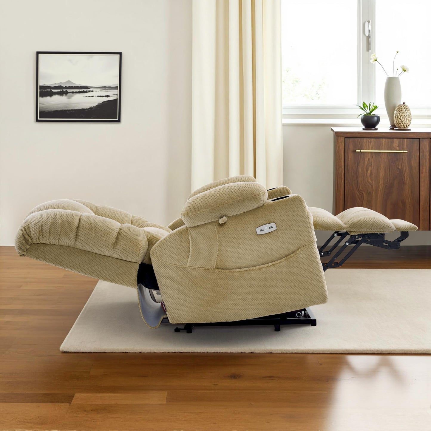 MCombo Large Triple Motor Power Lift Recliner Chair with Massage and Dual Heating, Adjustable Headrest for Tall Elderly People, Fabric 7634 (Beige, Large)