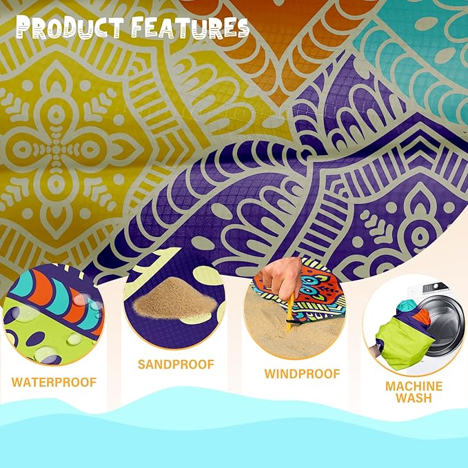 Beach Blanket Waterproof Sandproof 1-7 Adult Oversized 78 '' × 110 '' Lightweight Durable Compact Sand Free Beach Mat for Travel Camping Hiking Picnic Blanket Extra Large
