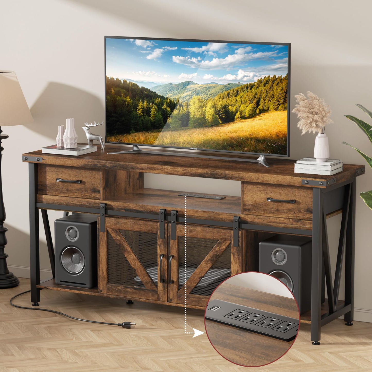 AntsandAnts TV Stand for 75 Inch TV,Entertainment Center with Power Outlets, 2 Drawers & Sliding Barn Doors, Rustic Wood Industrial TV Table for Living Room, Fits Up to 75" TVs