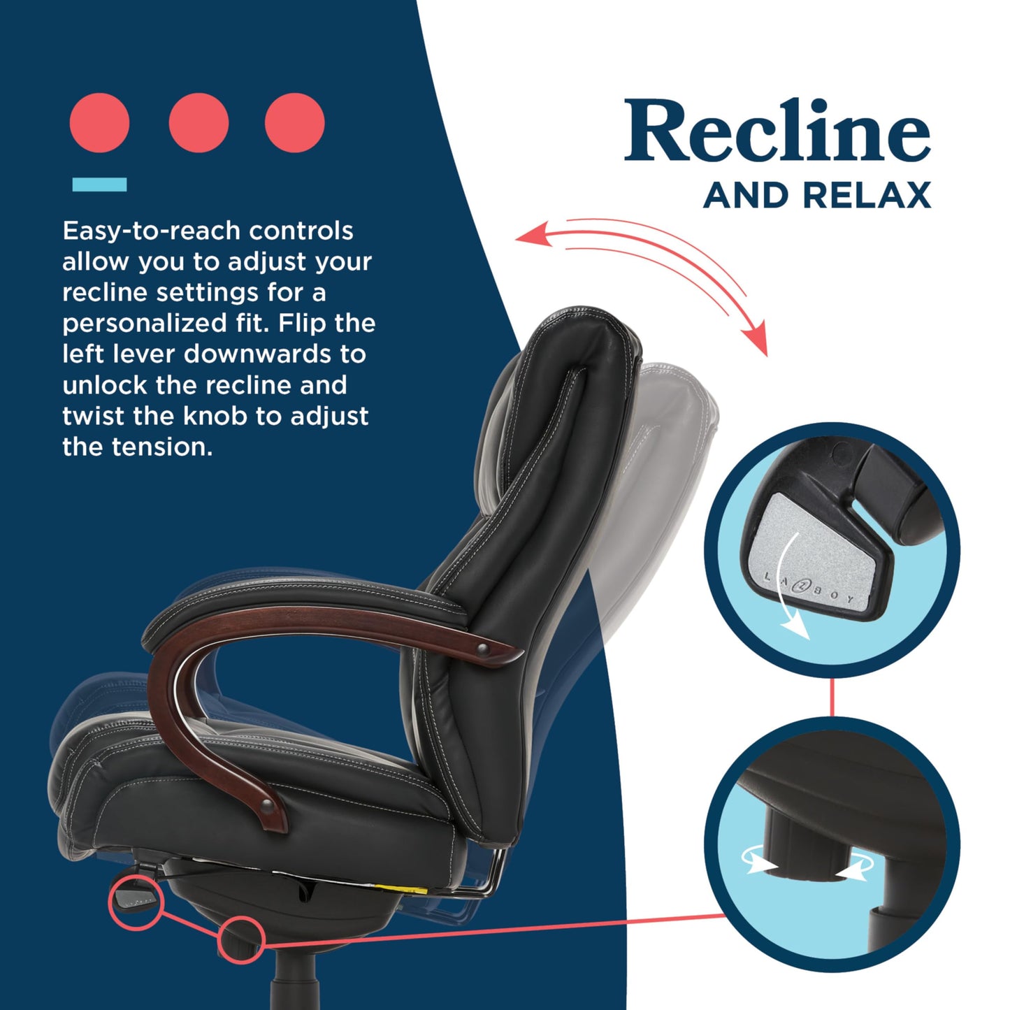 La-Z-Boy Bellamy Executive Office Chair with Memory Foam Cushions, Real Wood Arms and Swivel Base, Waterfall Seat Edge, Faux Bonded Leather, Black