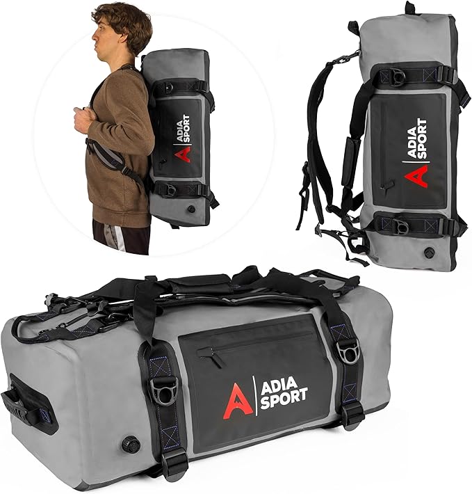 XL Waterproof Duffle Travel Bag for Vacation, Boating - Bag is Heavy Duty and fits 60L (Black & Grey)