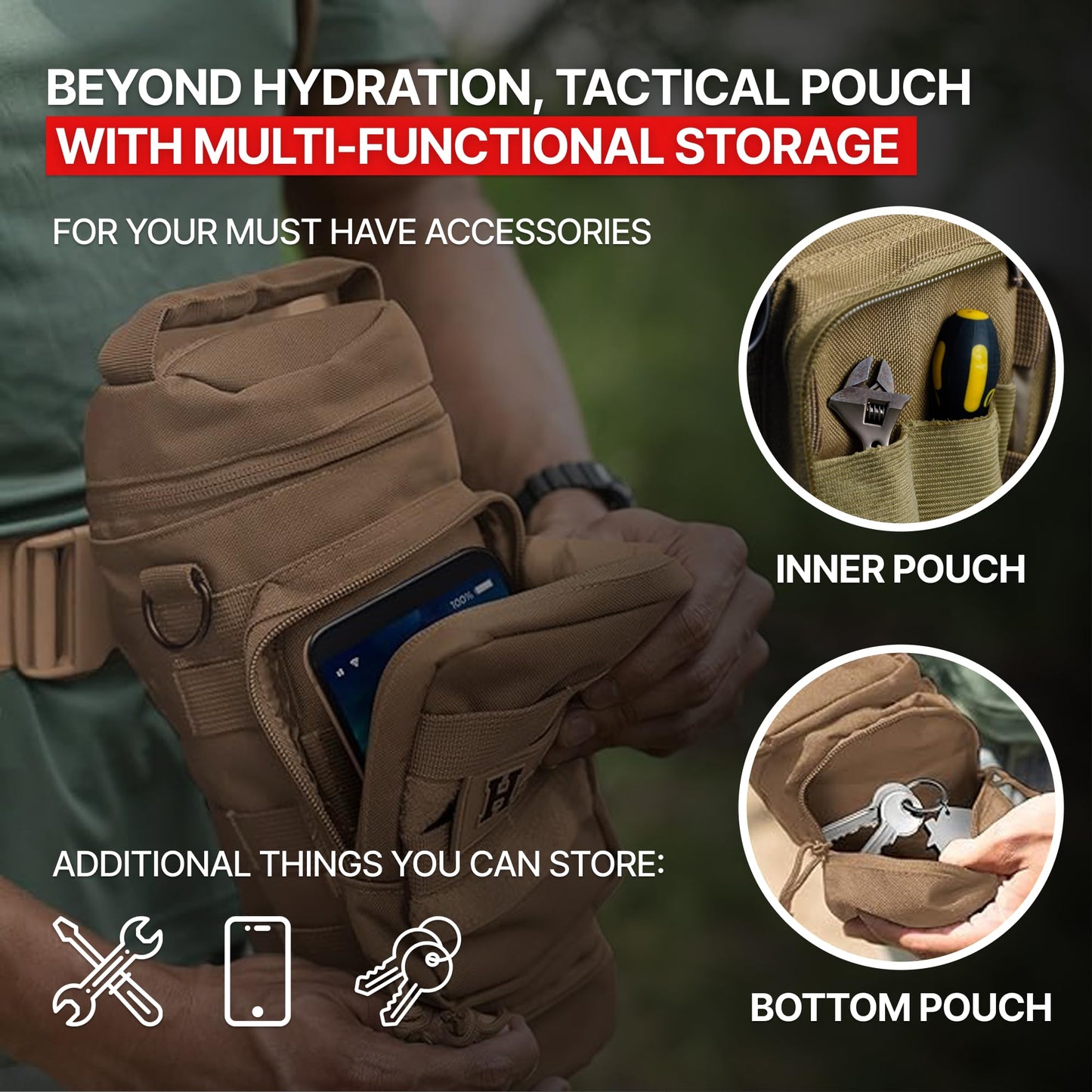 Orca Tactical Molle Water Bottle Pouch - Molle Water Bottle Holder with Strap - Water Bottle Carrier with Multiple Storage Options (Coyote Brown)