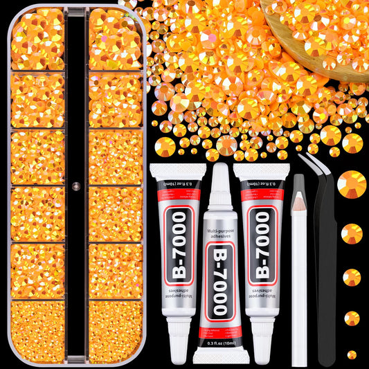 Resin Jelly Rhinestones for Crafting with B7000 Jewelry Glue, 1 Box Light Orange AB Flatback Crystal with 3Pcs 10ml Glue, Bedazzling Non Hotfix Gems for DIY Tumblers Clothing Shoes Manicure