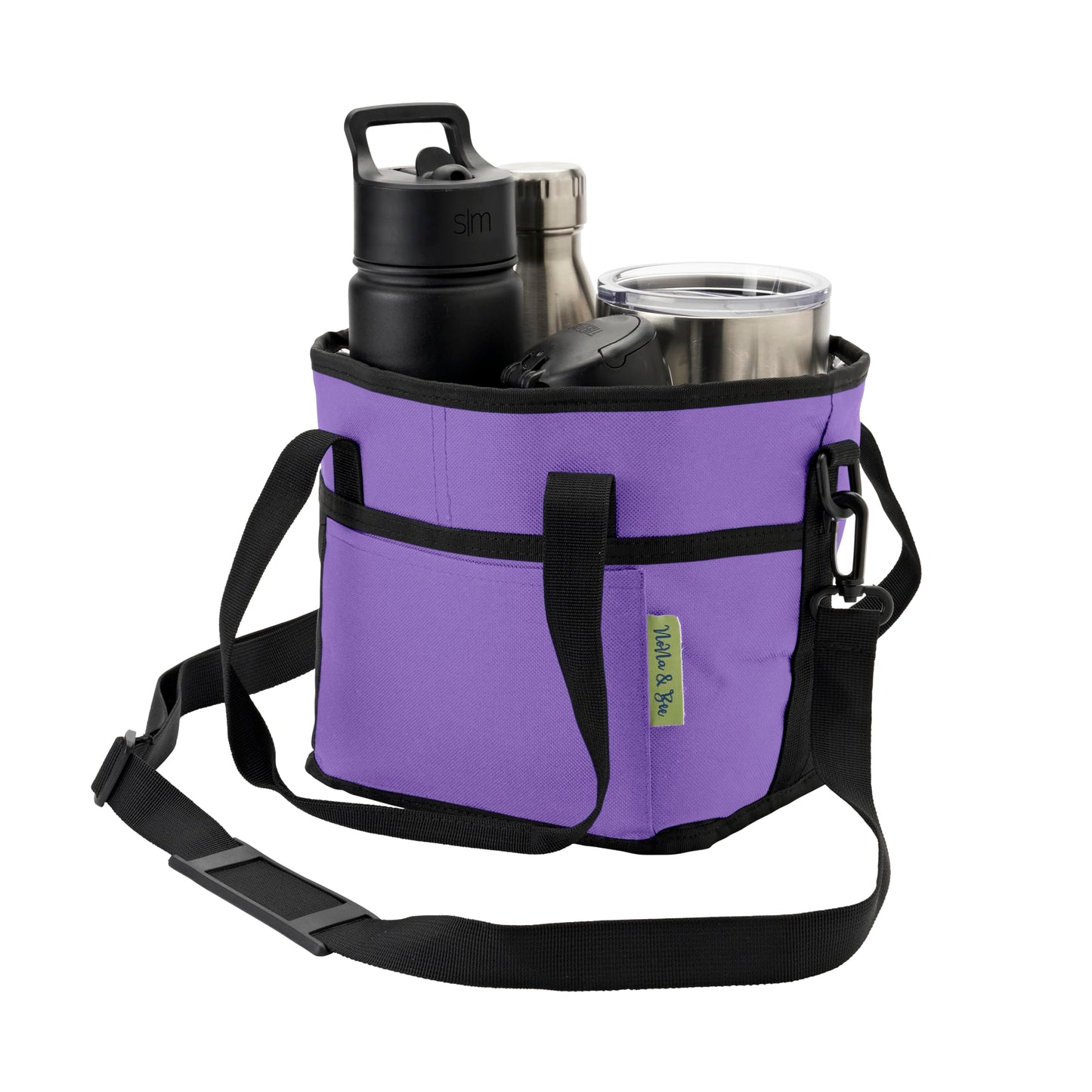 4 Water Bottle Holder with Strap | Family Size 4 Compartment Drink Bag, Multiple Tumbler Carrier Caddy | Adjustable Fits Large & Small Drinks | Hands Free, Won't Tip Over in Car (Purple)