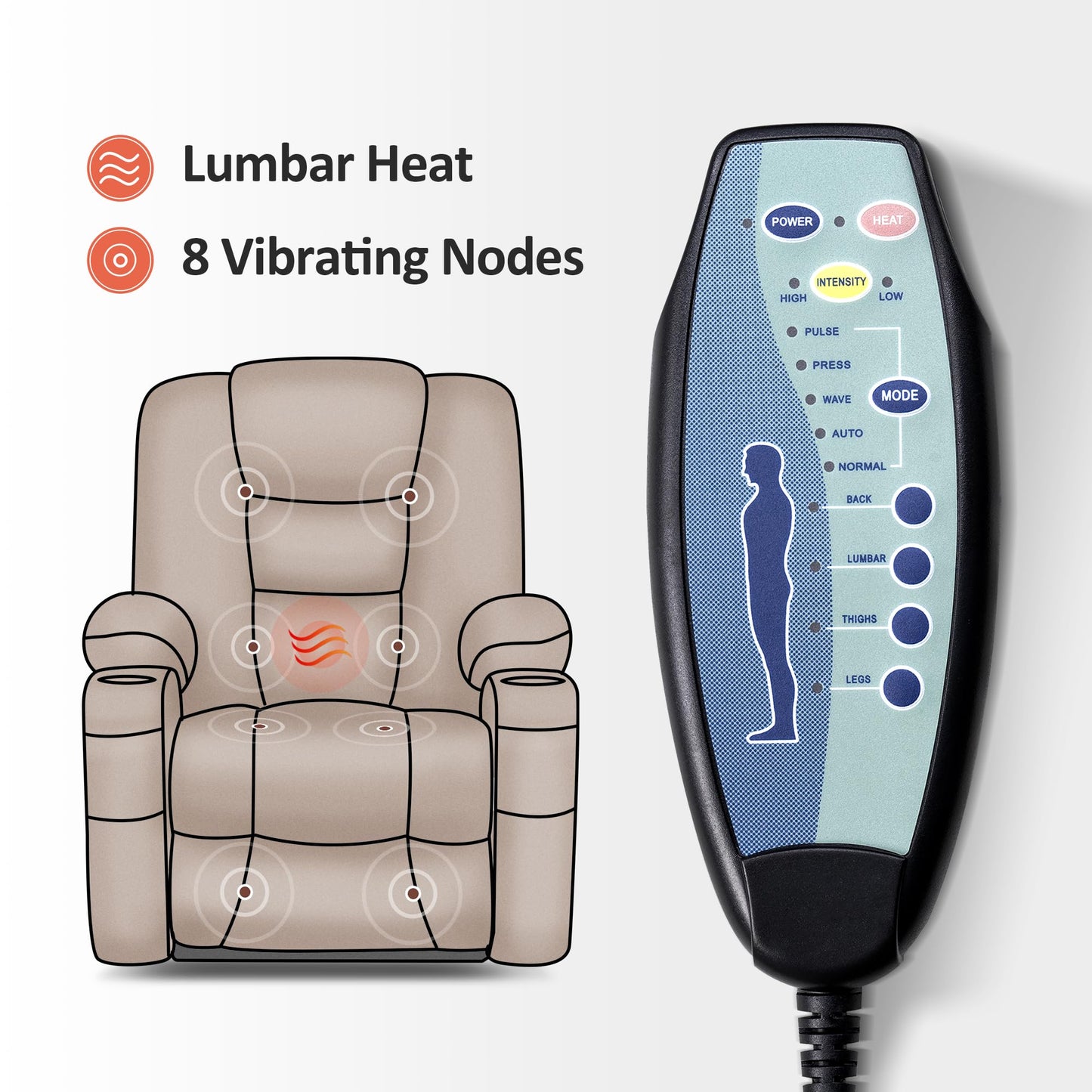 MCombo Large Power Lift Recliner Chair Sofa with Massage and Heat for Big and Tall Elderly People, 3 Positions, Cup Holders, and USB Ports, Fabric 7549 (Large, Brown)