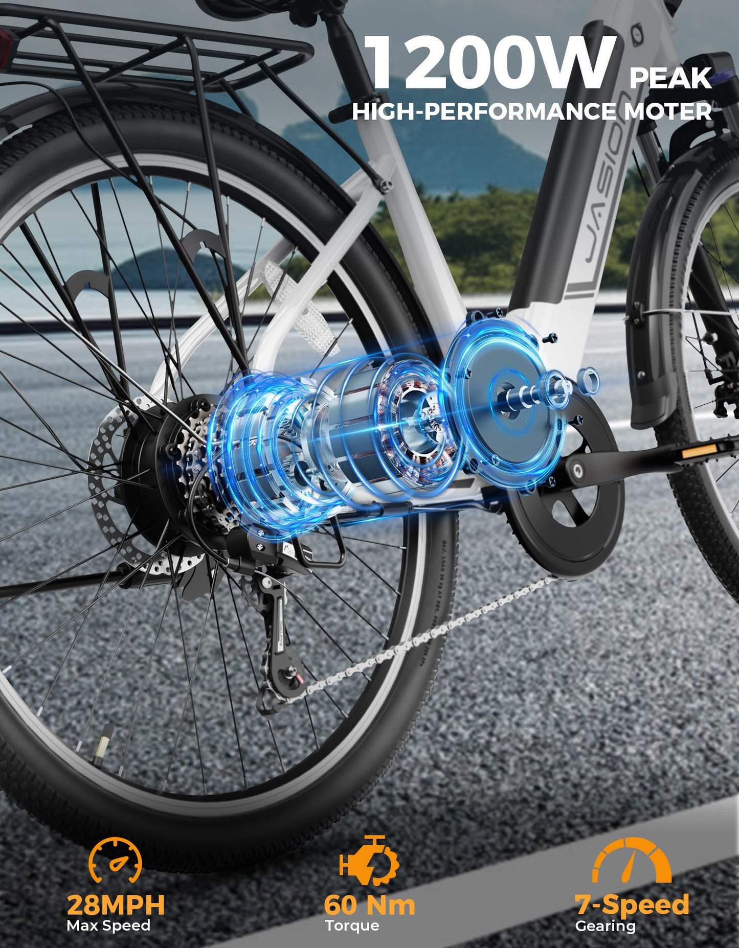 Jasion Roamer ST Electric Bike for Adults, 1200W Peak Motor Max 62miles & 28MPH City Cruiser Ebike,26'' Commuter Ebike, 528WH Removable Battery,7-Speed Electric Bicycles, Front Suspension Bicycles