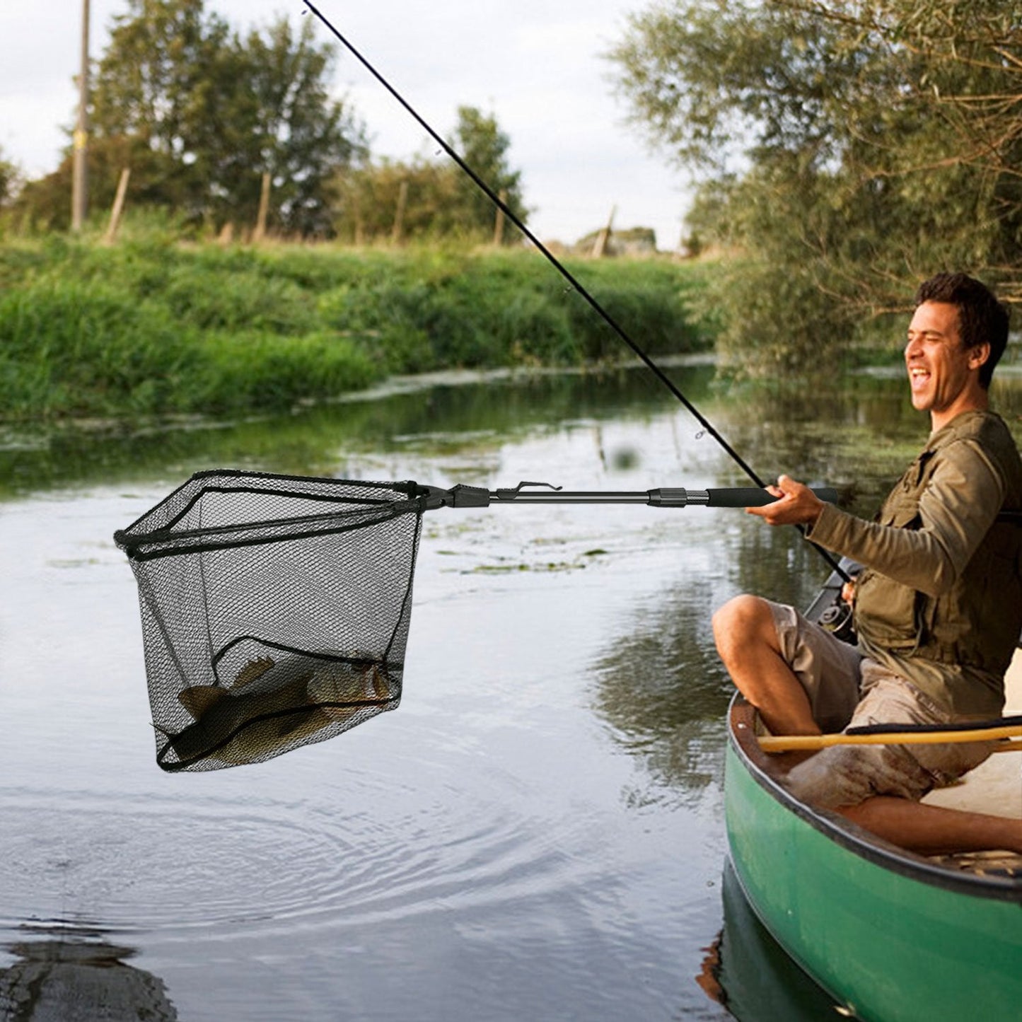 PLUSINNO Fishing Net Fish Landing Net, Foldable Collapsible Telescopic Pole Handle, Durable Nylon Material Mesh, Safe Fish Catching or Releasing (16.2")