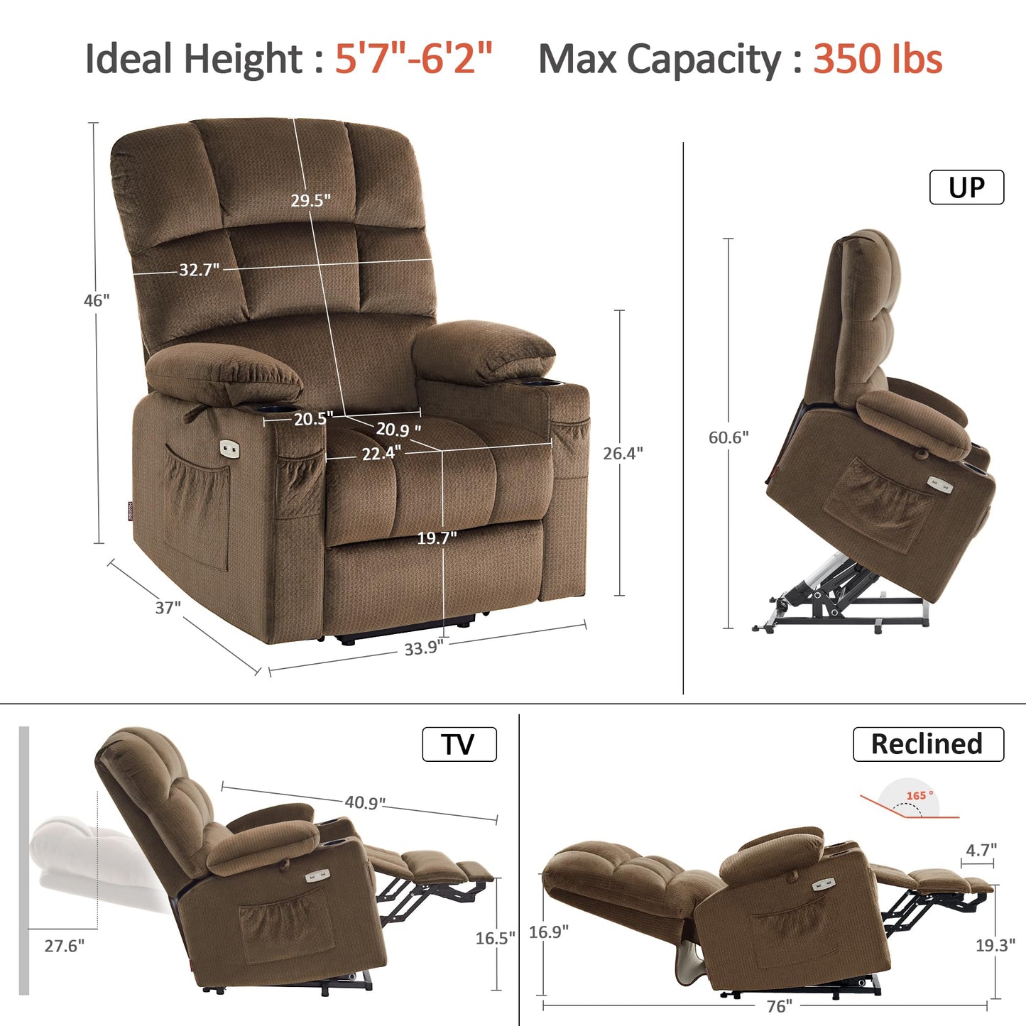MCombo Large Dual Motor Power Lift Recliner Chair for Elderly, Massage and Heat, Lay Flat, Zero Gravity, Home Button, USB Port, Fabric 7680 (Large, Brown)