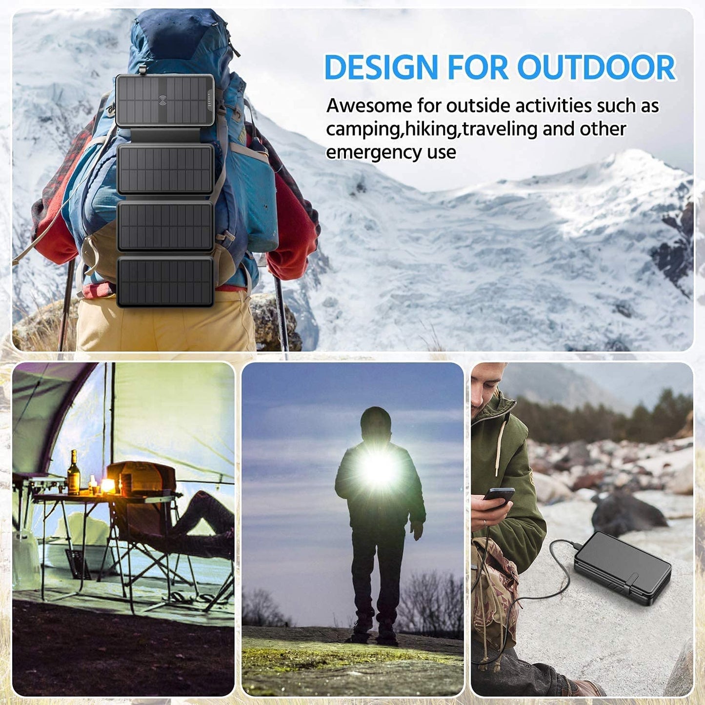 QiSa Solar Charger 38800mAh Power Bank with Dual 5V3.1A Outputs 10W Qi Wireless Charger Waterproof Built-in Solar Panel and Bright Flashlights