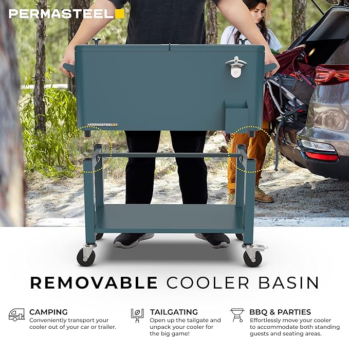 Permasteel Party Cooler with Removable Basin, Spacious 80-Qt Capacity, Rolling Ice Chest for Indoor and Outdoor Entertainment Teal + Bonus Cover