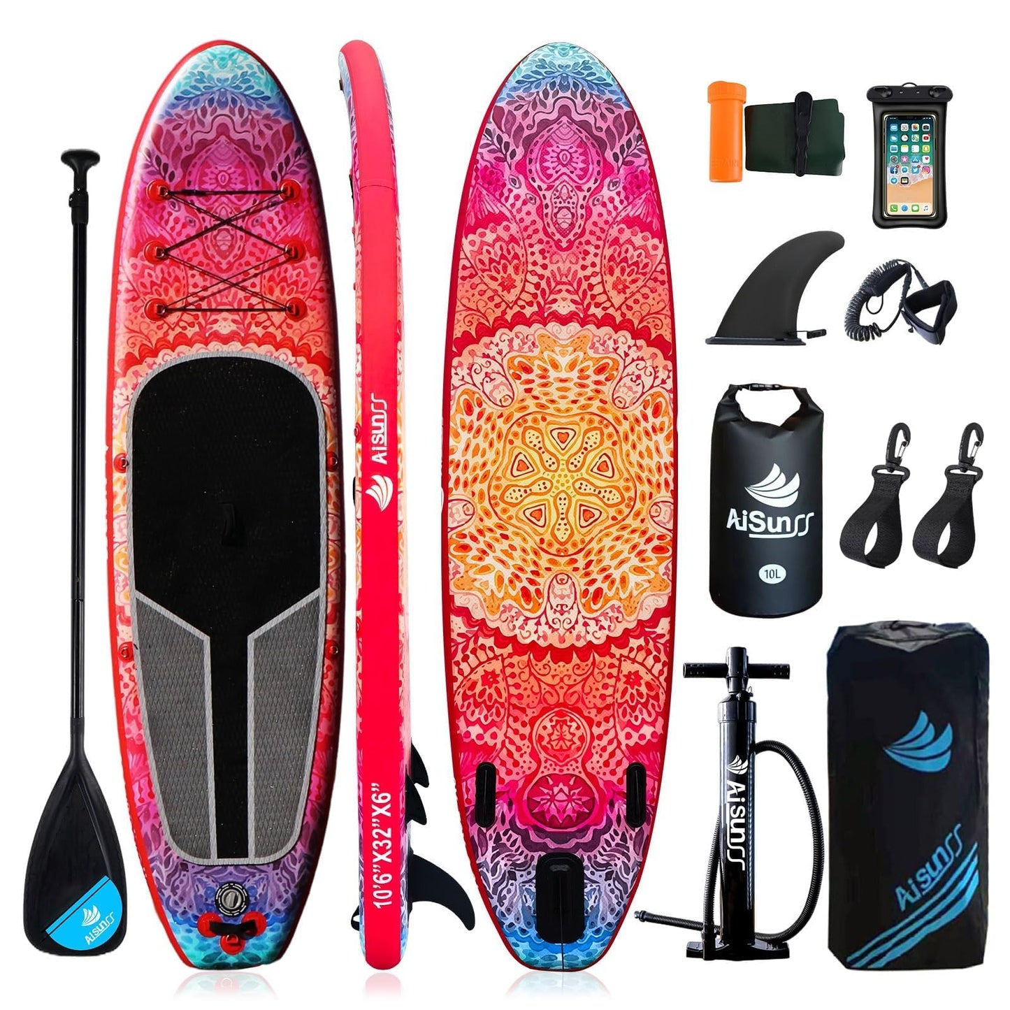 AISUNSS SUP Board 10.6Ft All Around Board Premium iSUP, Yoga Board with SUP Accessories Include Non-Slip mat, Waterproof Phone Bag, Double Action Pump, Adjustable Aluminum Paddle (Red Meditation)
