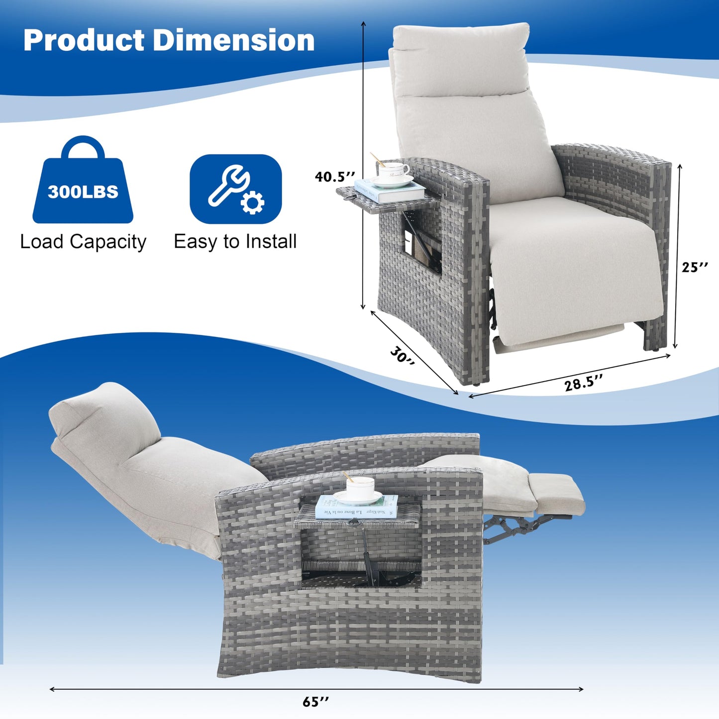 ZZW Outdoor Recliner Chair Set of 2, Wicker Patio Recliners with Adjustable Backrest 92°-145°and Extended Foot Rest, Reclining Pattio Chairs with Flip Table & Removable Cushion Cover for Porch
