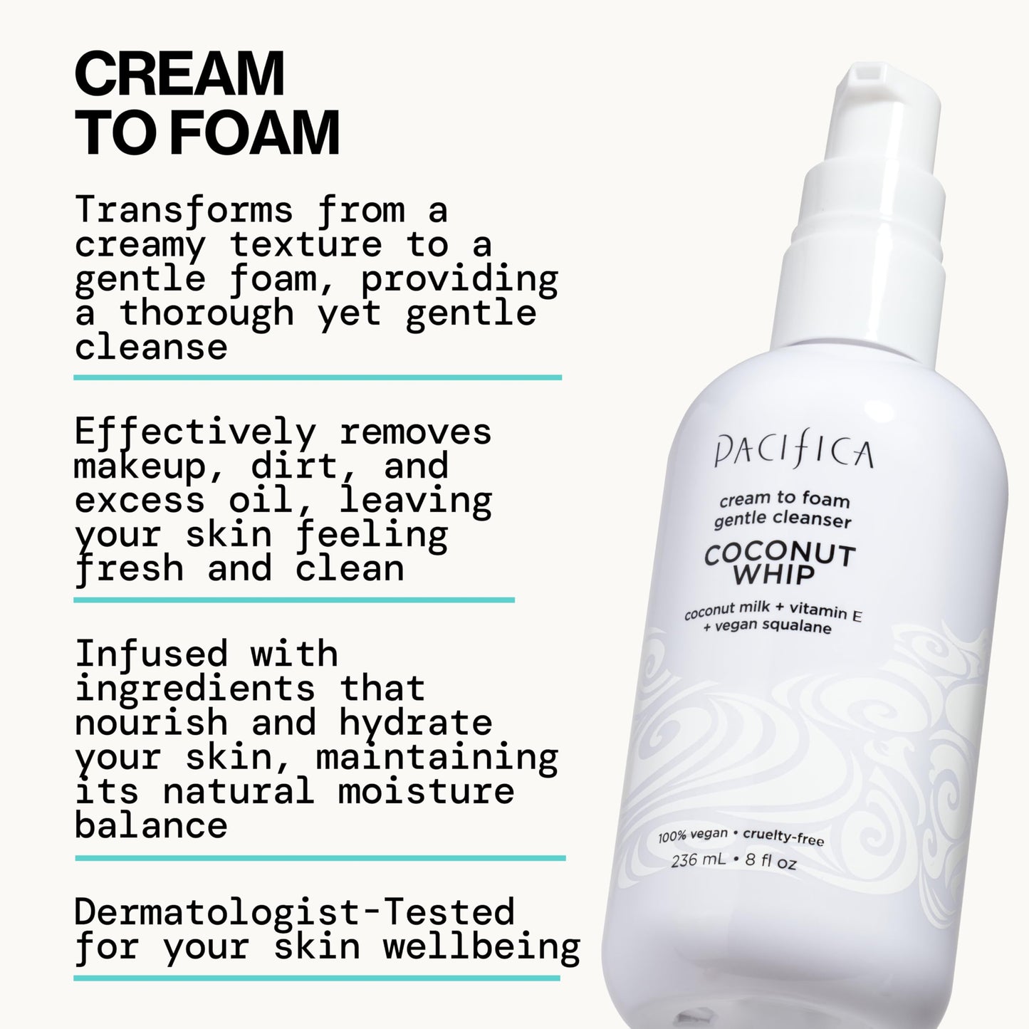 Pacifica Coconut Whip Cream to Foam Face Wash - Gentle Hydrating Facial Cleanser for Dry & Sensitive Skin, Moisturizing Daily Face Wash, Non-Comedogenic Vegan & Cruelty-Free, Dermatologist Tested 8oz