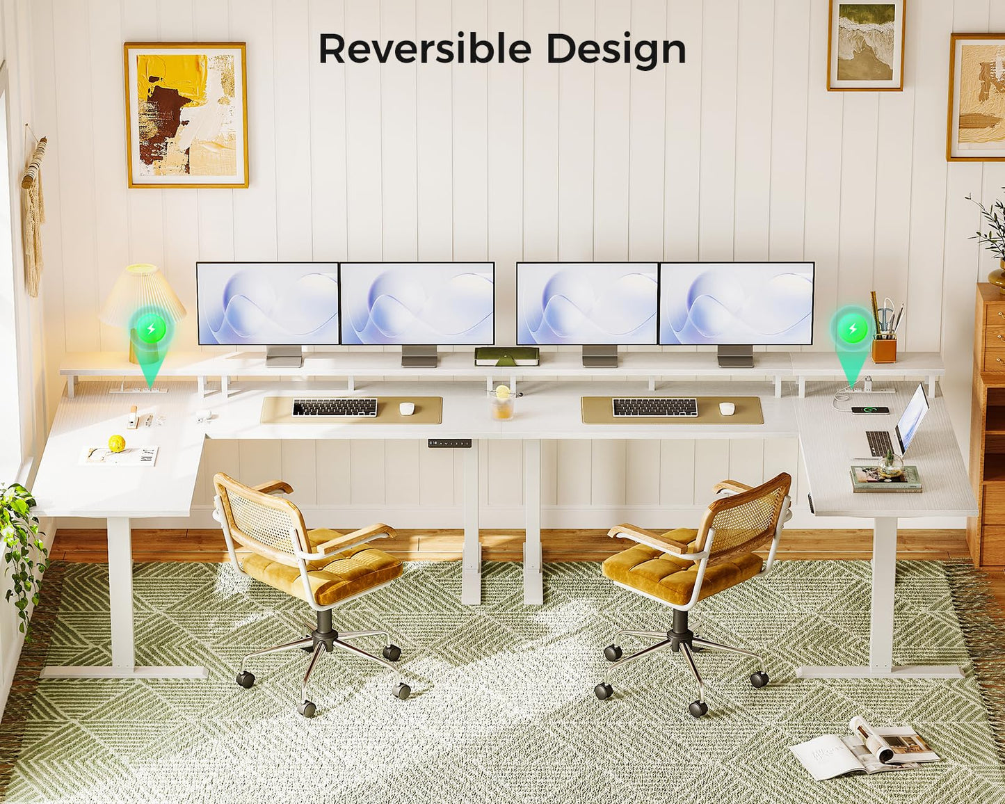 AODK Electric L-Shaped Standing Desk, 59 Inch Height Adjustable Office Desk with Monitor Stand, Sit-Stand Desk with Power Outlets, Large Lift Table for Home, Office, Workstation, White