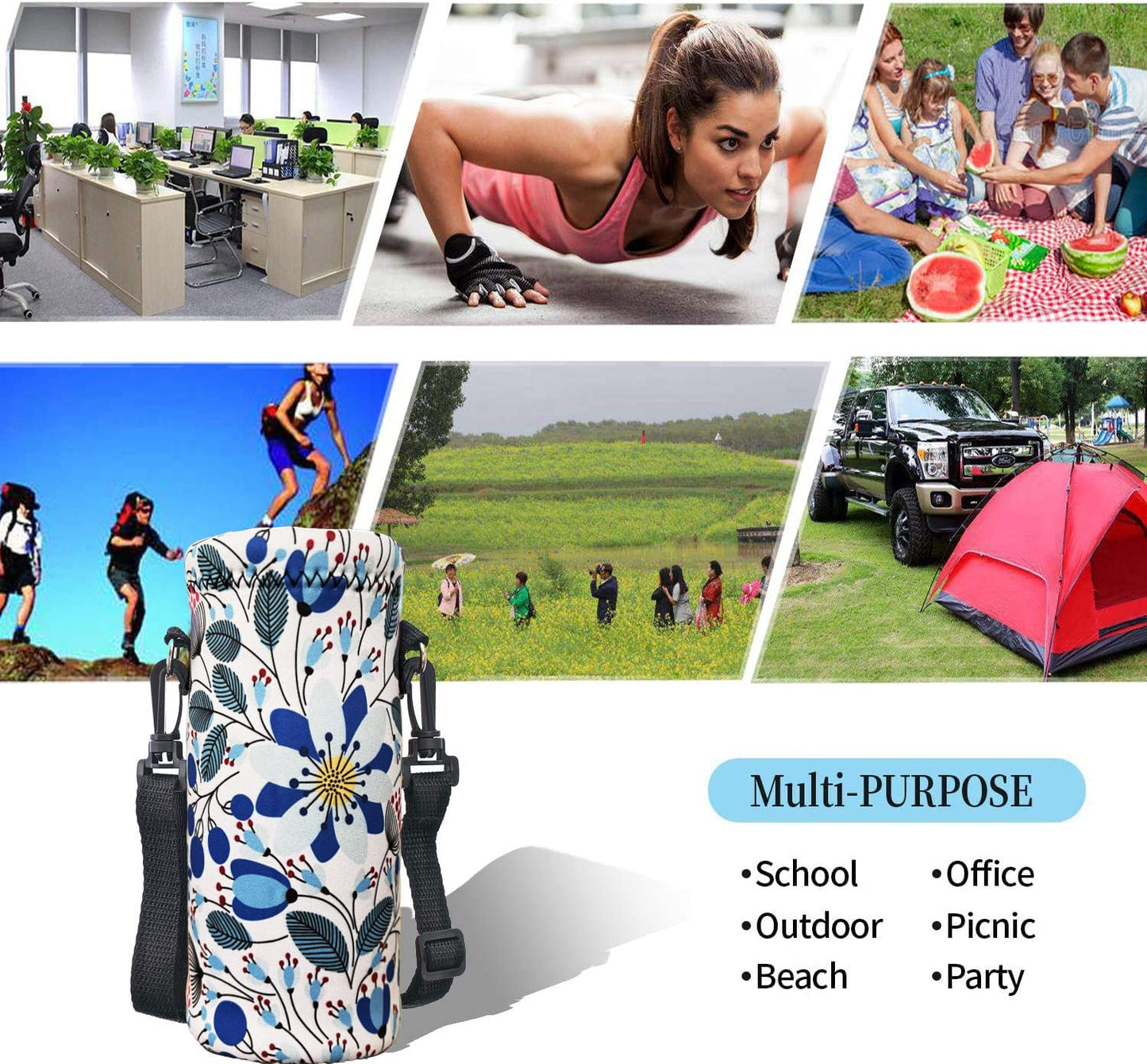 RICHEN Neoprene Water Bottle Carrier Bag with Adjustable Shoulder Strap,Insulated Water Bottle Cover for 500ml/16oz Stainless Steel/Glass/Plastic Bottles Bottles (Blue Flowers,500ML)